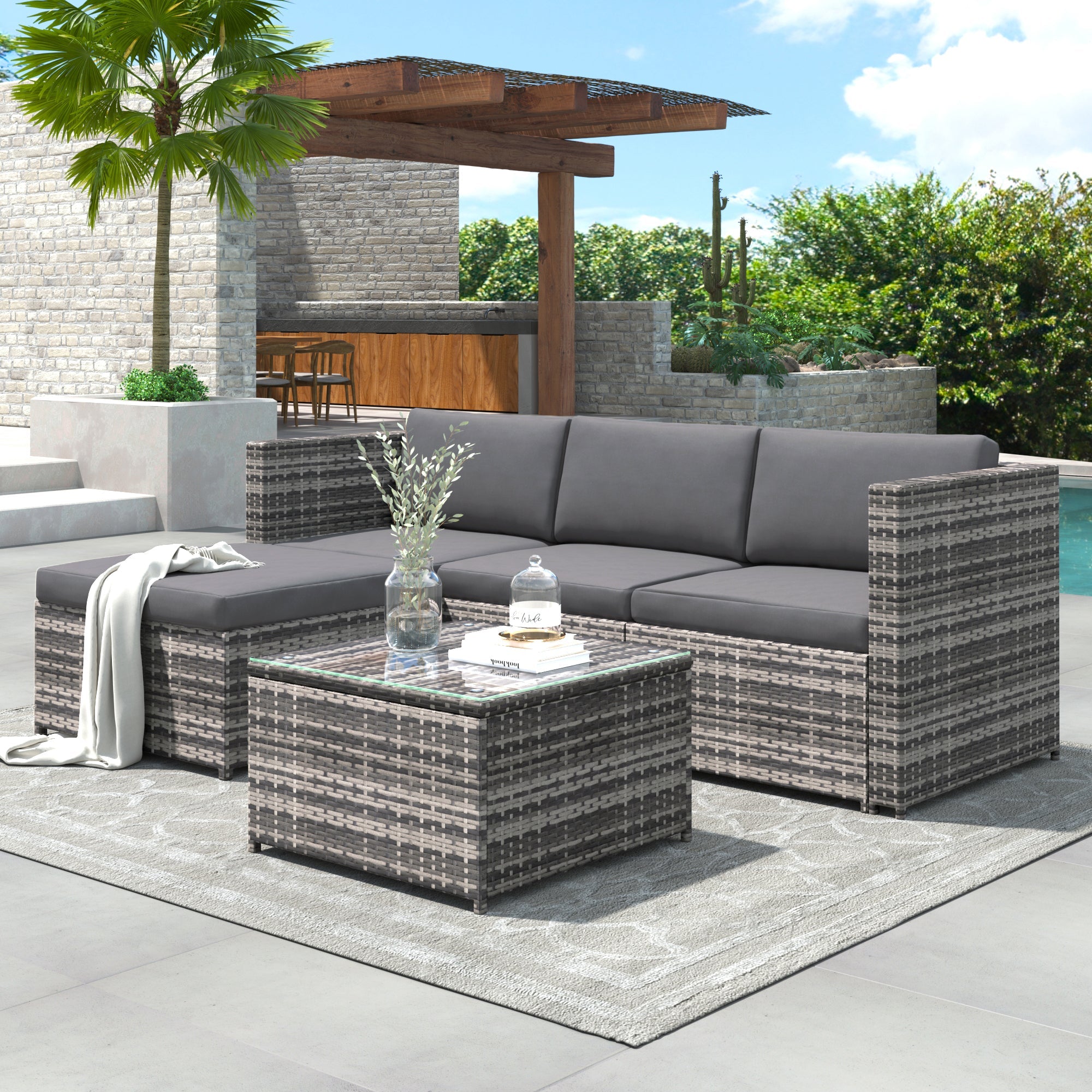 Lounge Sofa Set with Corner Sofa, Cushions and Glass Top Table, Grey Polyrattan