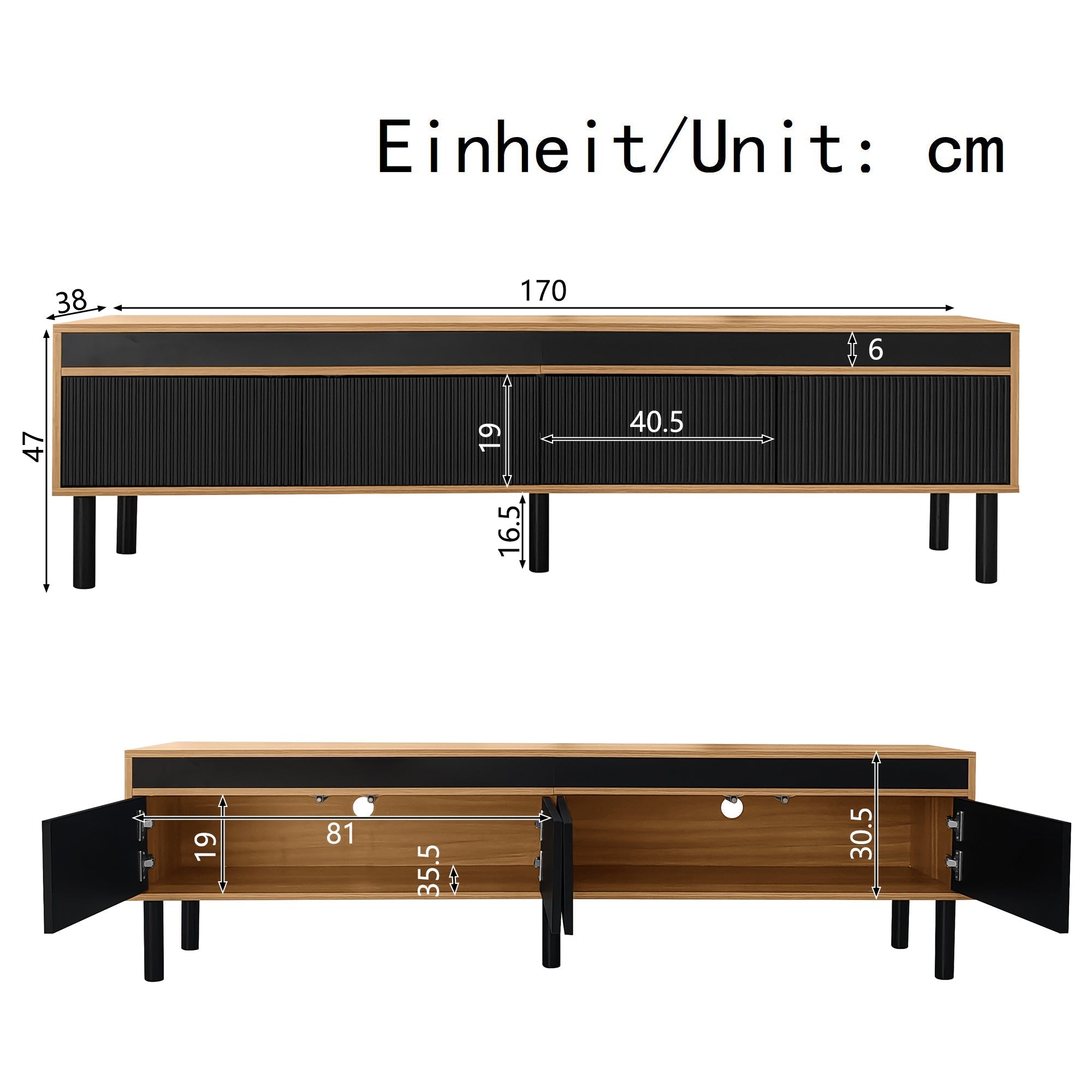 TV Cabinet, Low with Four Doors, Black and Wood