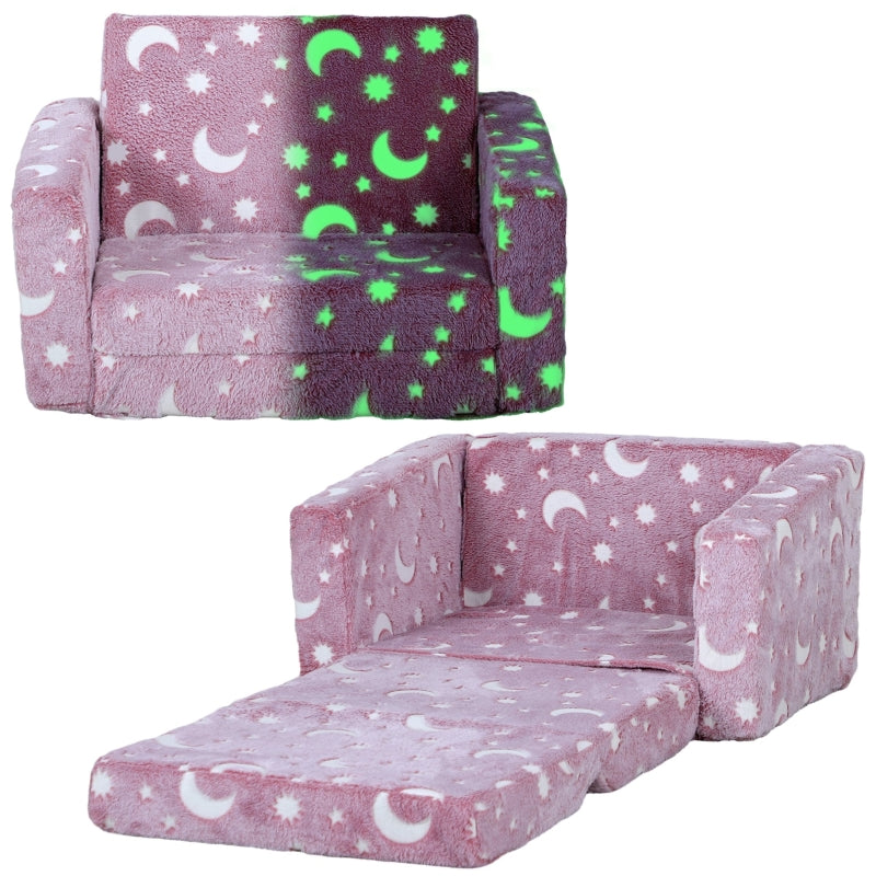 2 in 1 Kids Folding Bed Armchair, Glow in The Dark Cosmic Design Washable, Pink