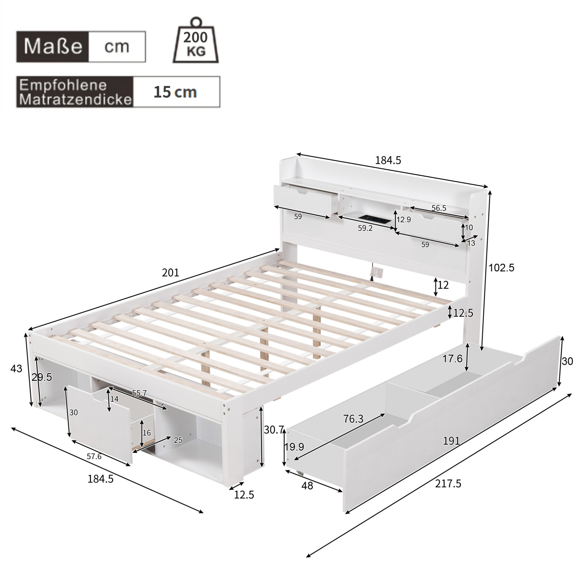 Double Bed 180x200cm with USB Port, Drawers and Storage Cabinet, White
