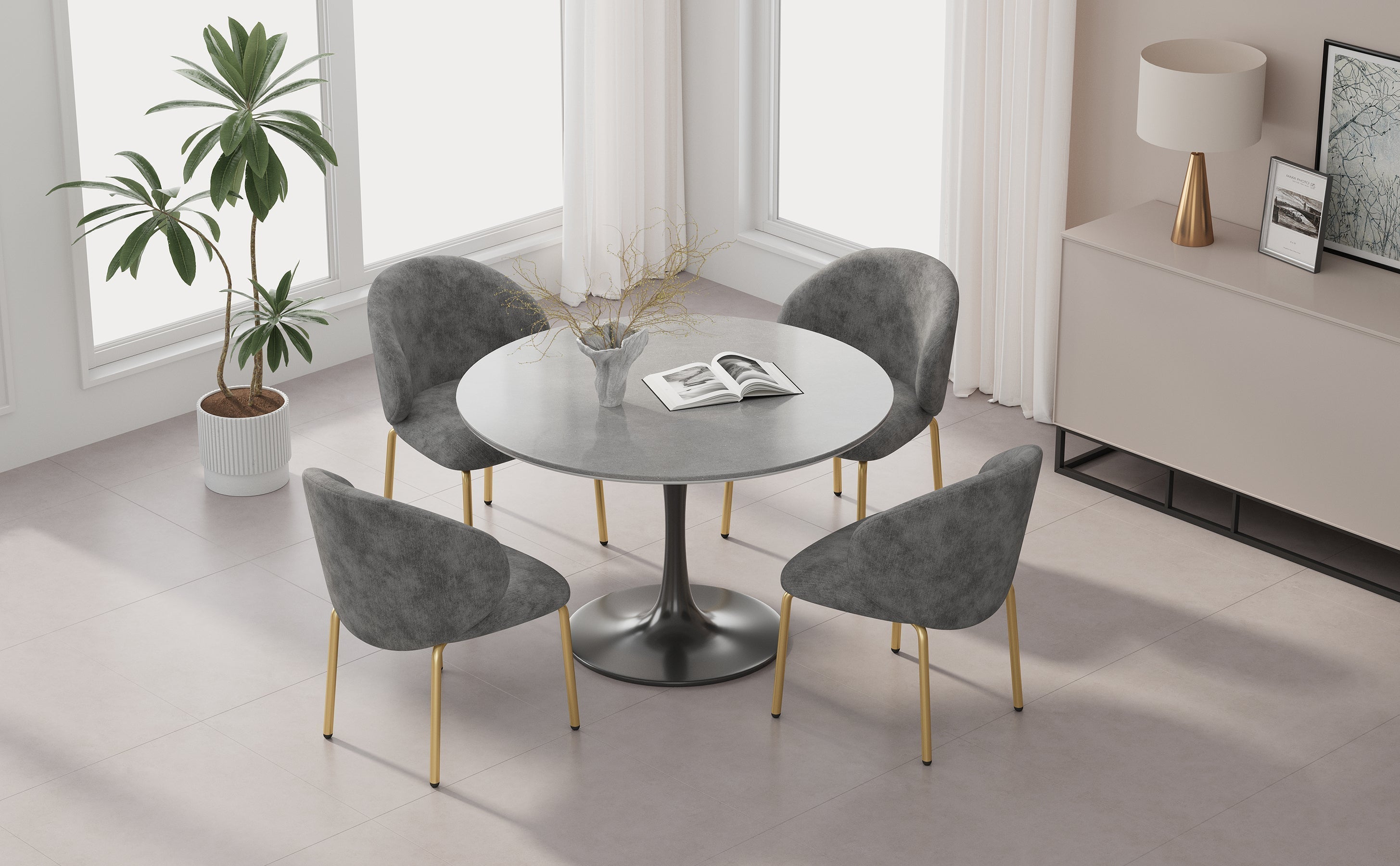 Dining Chairs and Lounge Chairs with Gold Legs, Set of 4, Grey Chenille