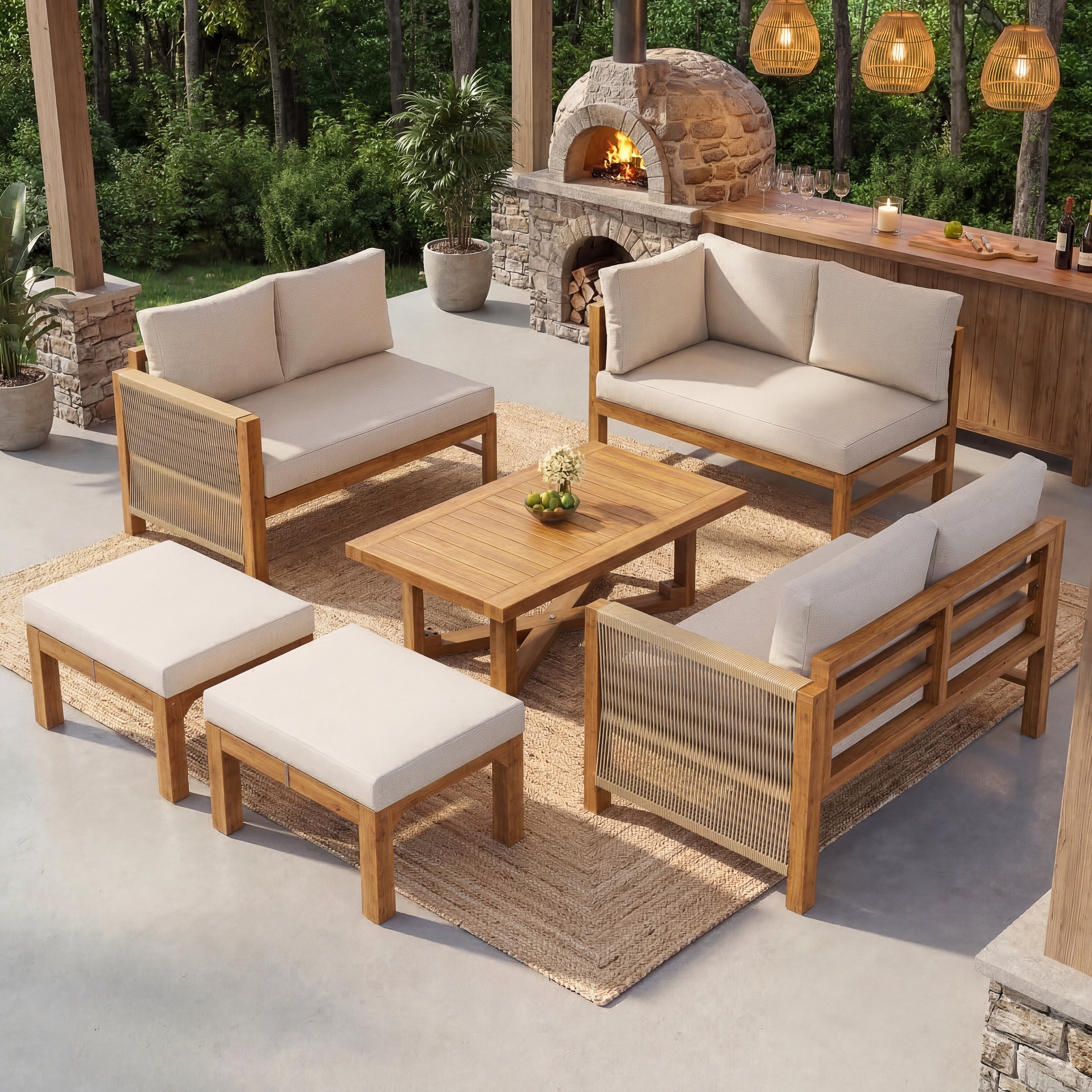 Modular Garden Furniture Set with 6-Seater Corner Sofa, 2 Stools and Table, Acacia Wood