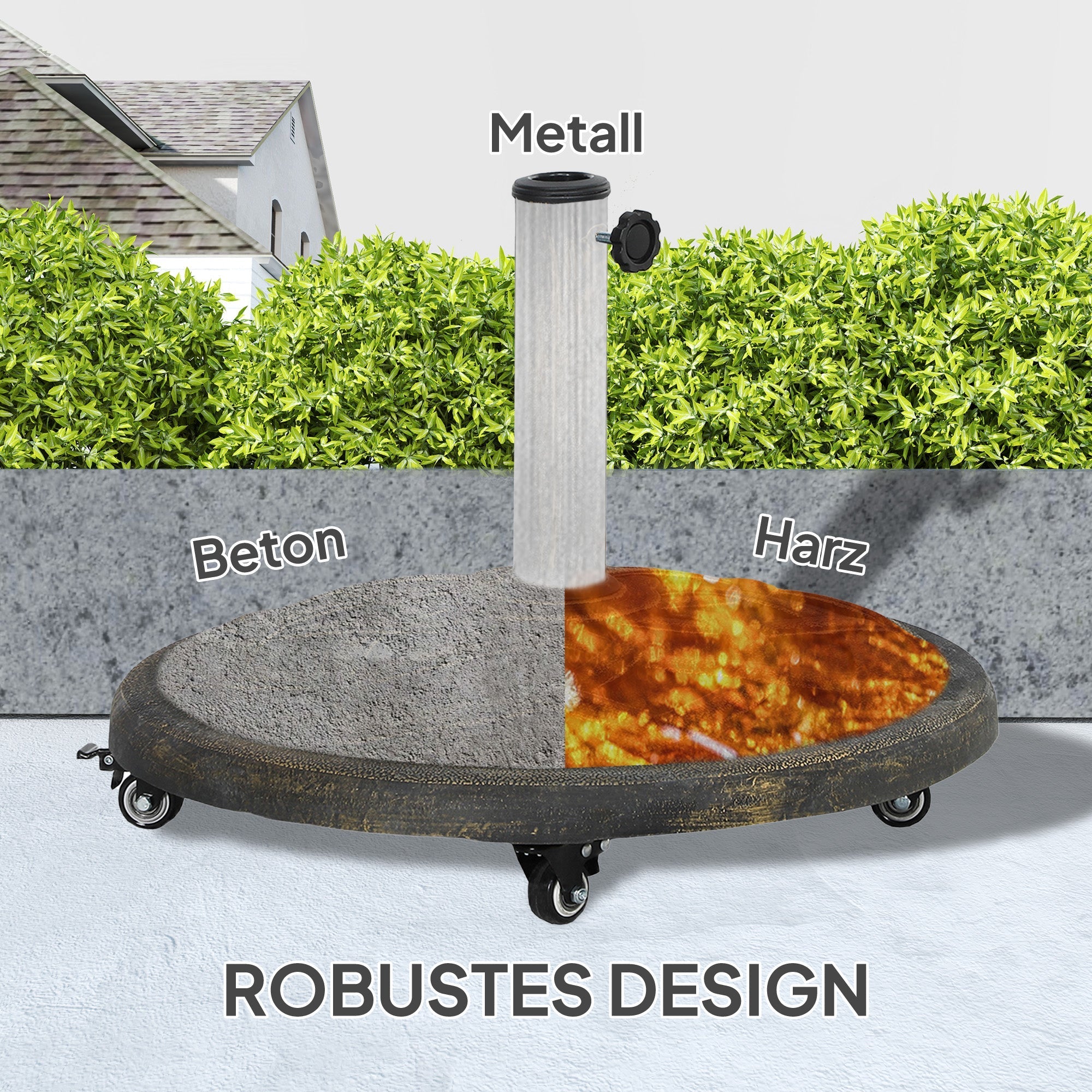 Parasol Base with Wheels, Round Holder for 34/38/48mm Poles, Concrete Bronze