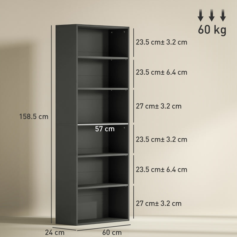 Six Shelf Bookcase, Adjustable Shelves Sturdy Particle Board, Black