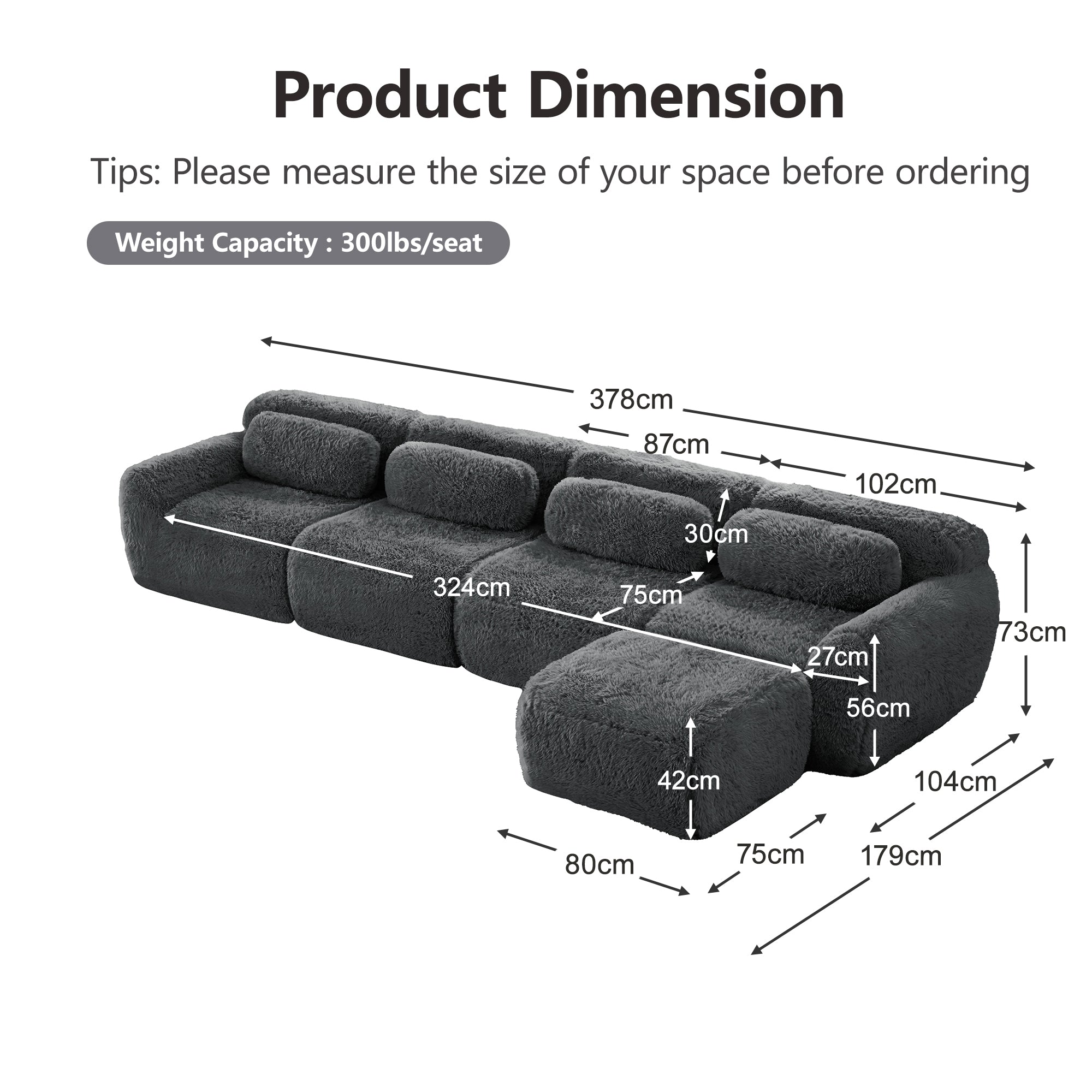 4-Seater L-Shaped Modular Sofa Chaise Lounge No Assembly Premium Plush Grey