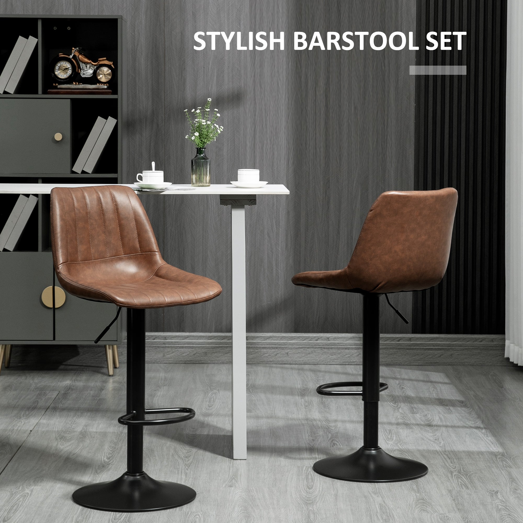 Bar Stools Set of 2, Height-Adjustable Foot Ring, Faux Leather Brown/Steel