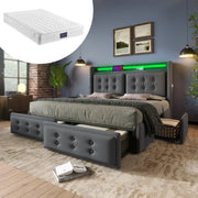 Upholstered Bed 160x200, LED Headboard with USB C & 4 Drawers, Gray Cotton