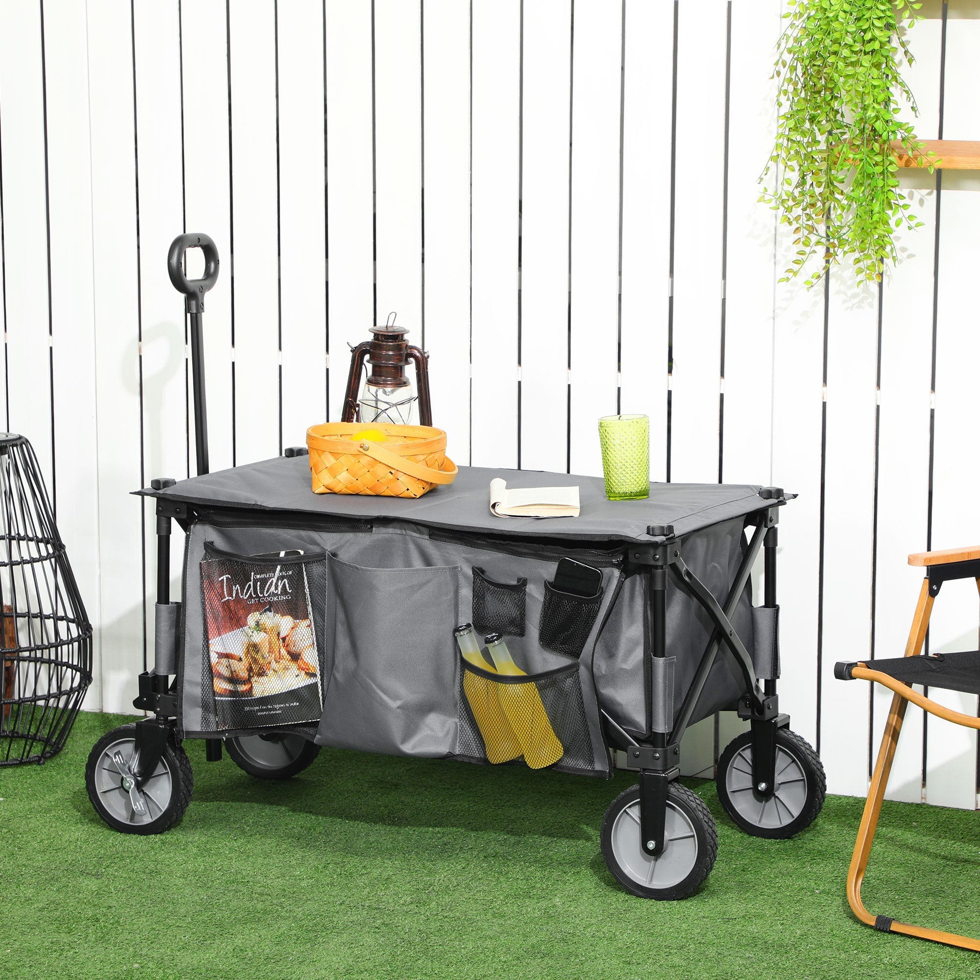 Folding Handcart, 120 kg Load, Adjustable Handle, Side Pockets & Folding Board, Dark Grey