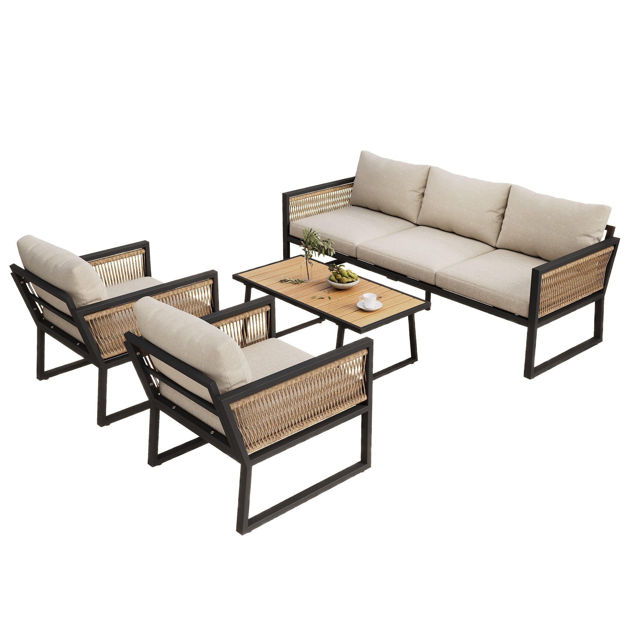 4-Piece Garden Lounge Set with 3-Seater Sofa, Armchairs and Coffee Table, Beige Wood Look and Galvanized Steel