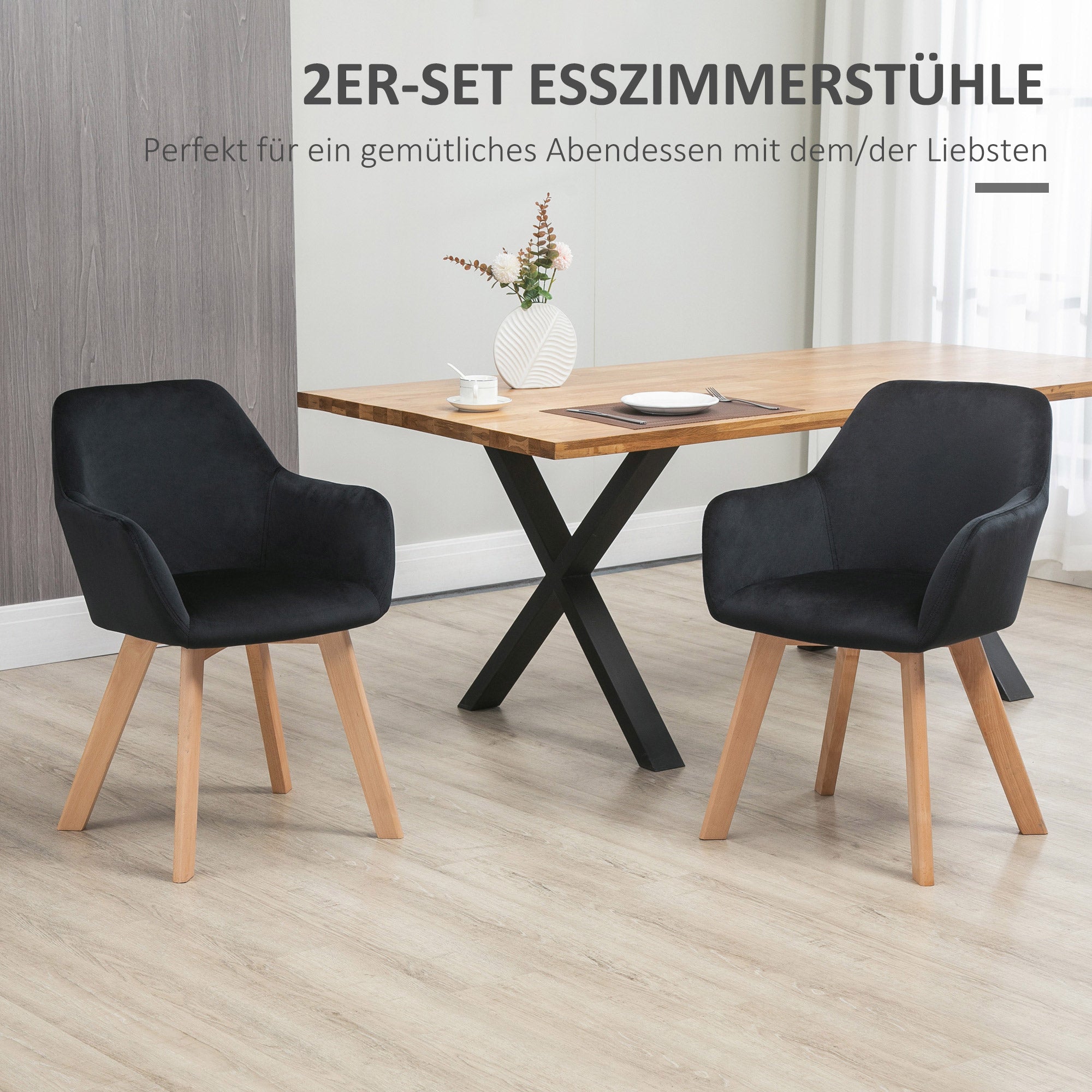Küchenstühle, 2er-Set ergonomisch mit Armlehnen, Polyester Holz, Schwarz