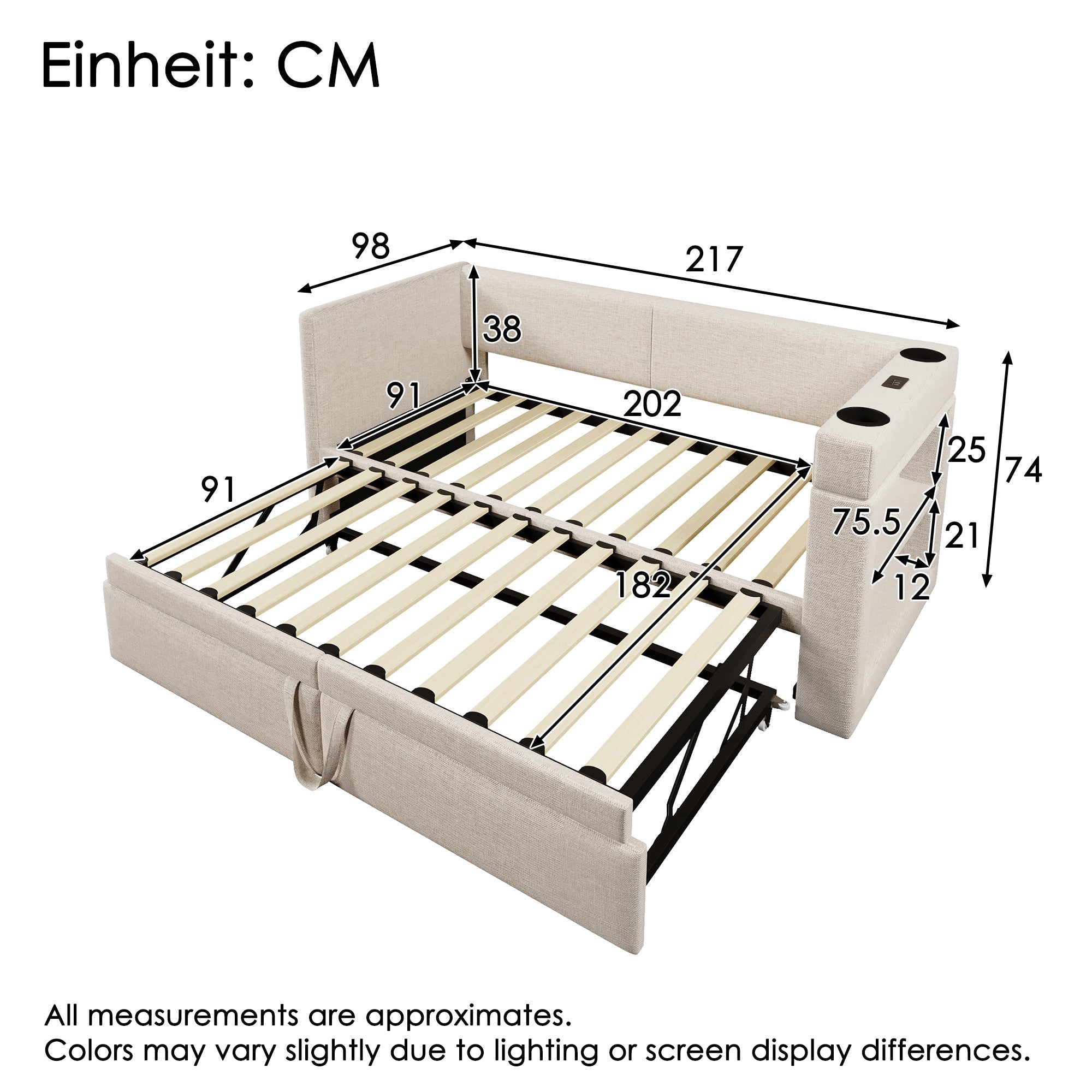 Upholstered Daybed Sofa Bed 90x200cm Pull-out USB/Type-C Armrests Linen Beige