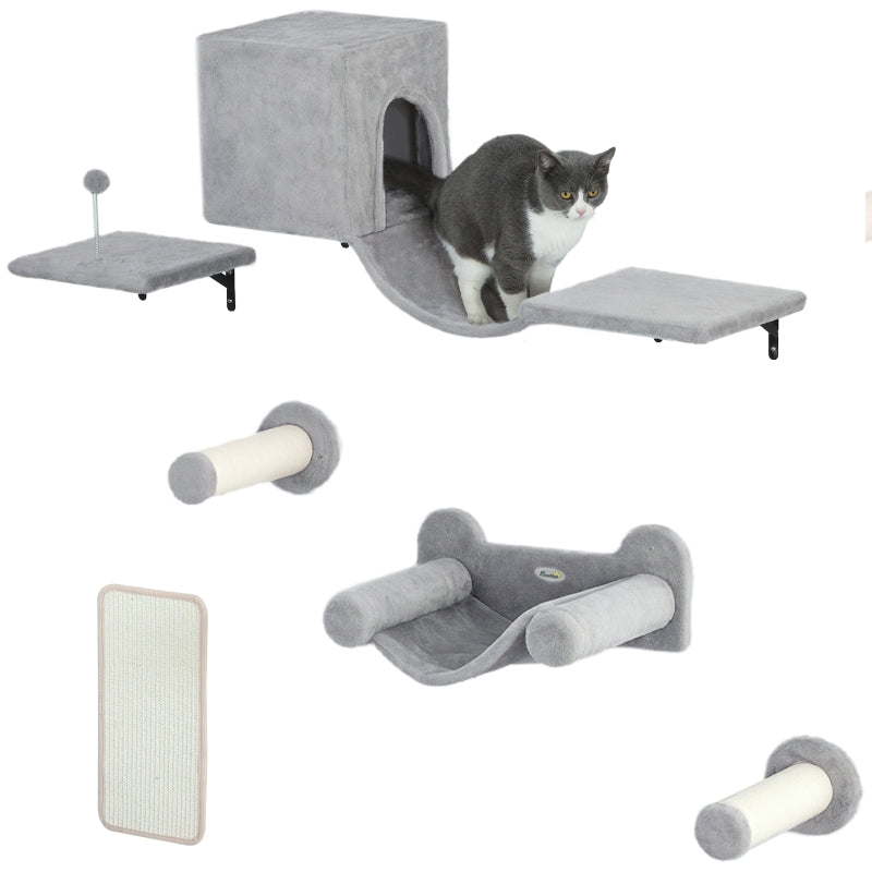 PwaHut Cat Climbing Wall Set with Cat House, Hammock, Scratching Post, Grey
