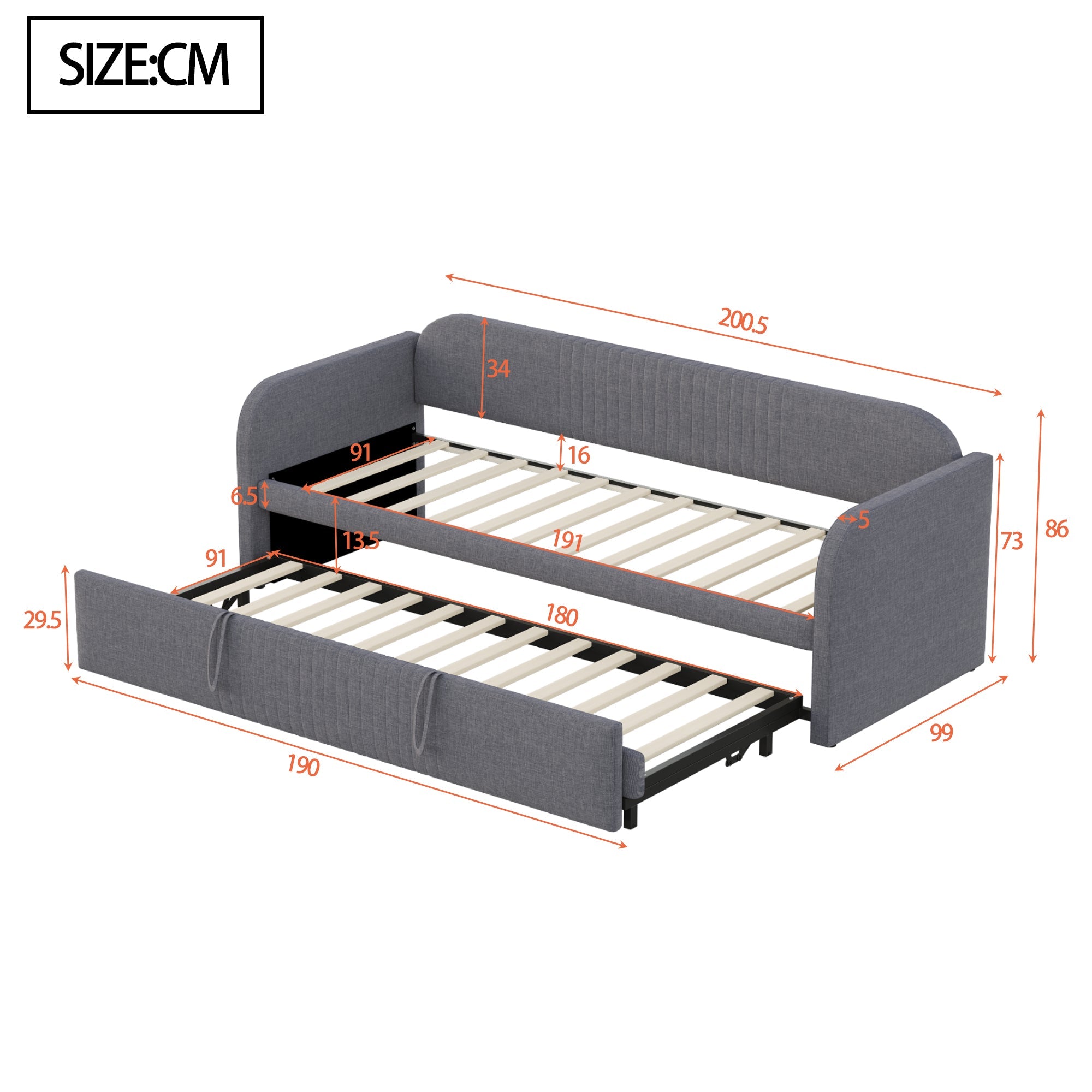 Upholstered Bed Pull-Out Sofa, Multifunctional with Slatted Frame, Grey Linen