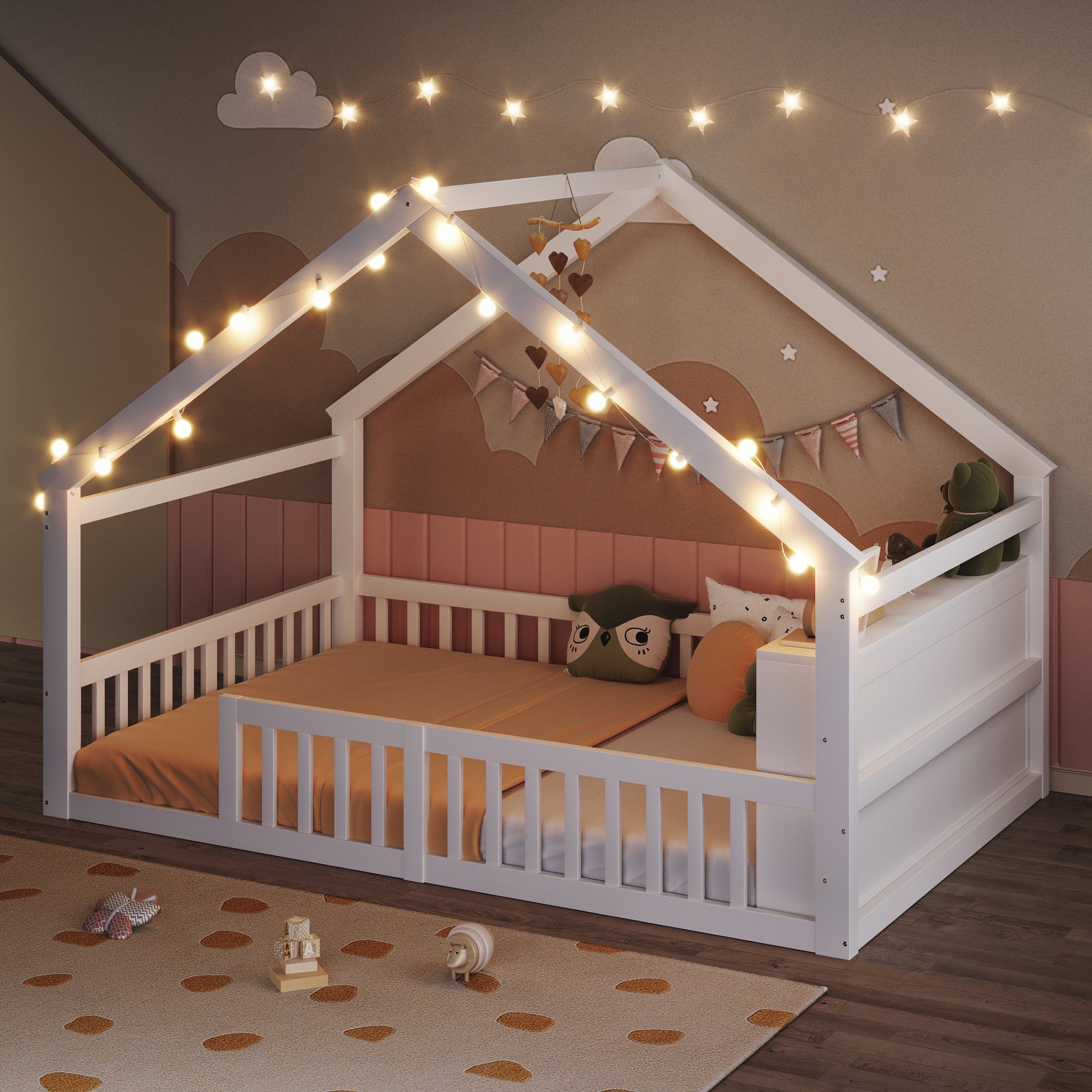 Children's Flatbed with House Rail and LED Beads, 140 x 190 cm, Pine Wood, White