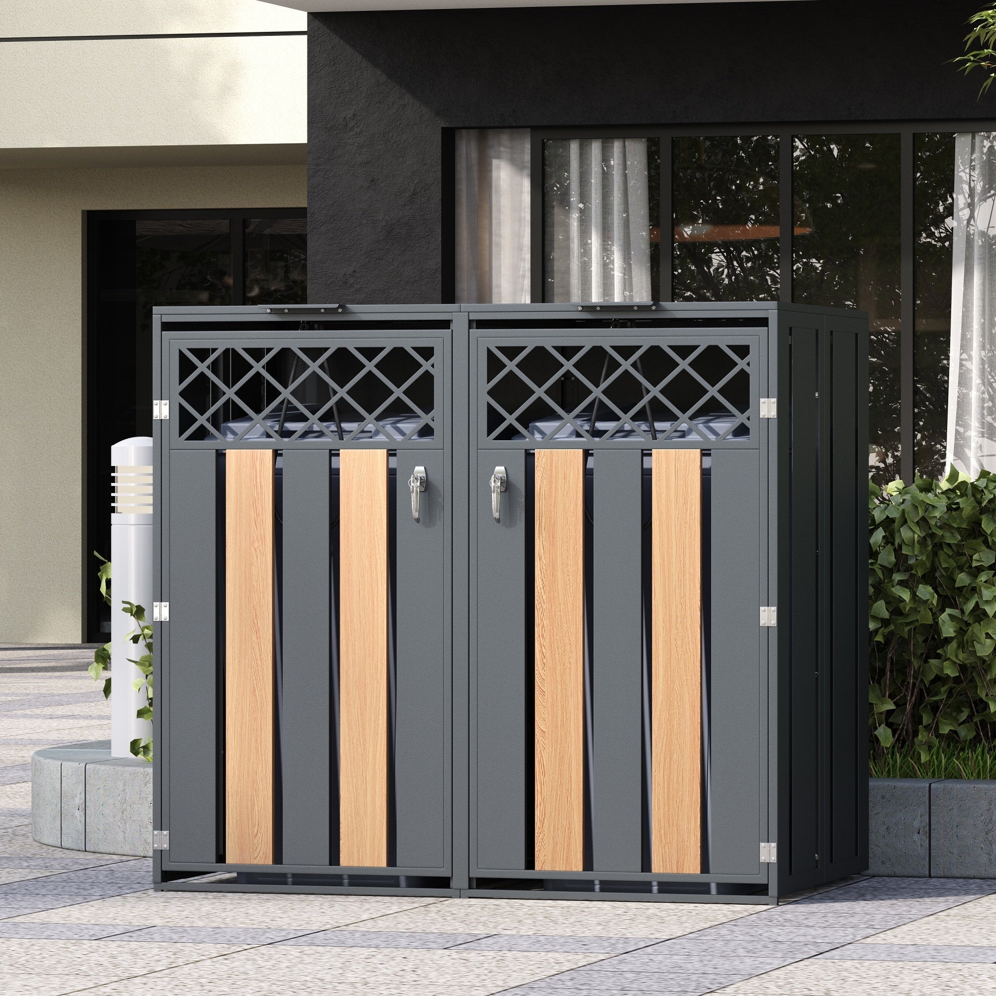 Garbage Can Storage Box with Hinged Lid and Lockable Double Doors, Diamond-Shaped Ventilation, Metal