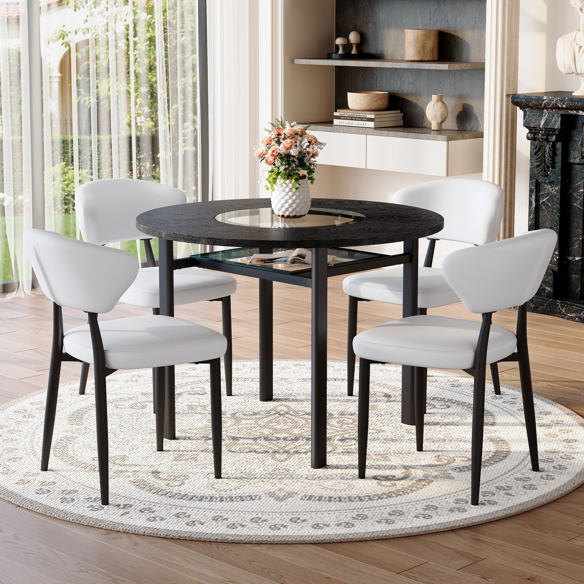 Round Table Set 100cm 4 Chairs Modern Minimalist - Black Wood/White PU