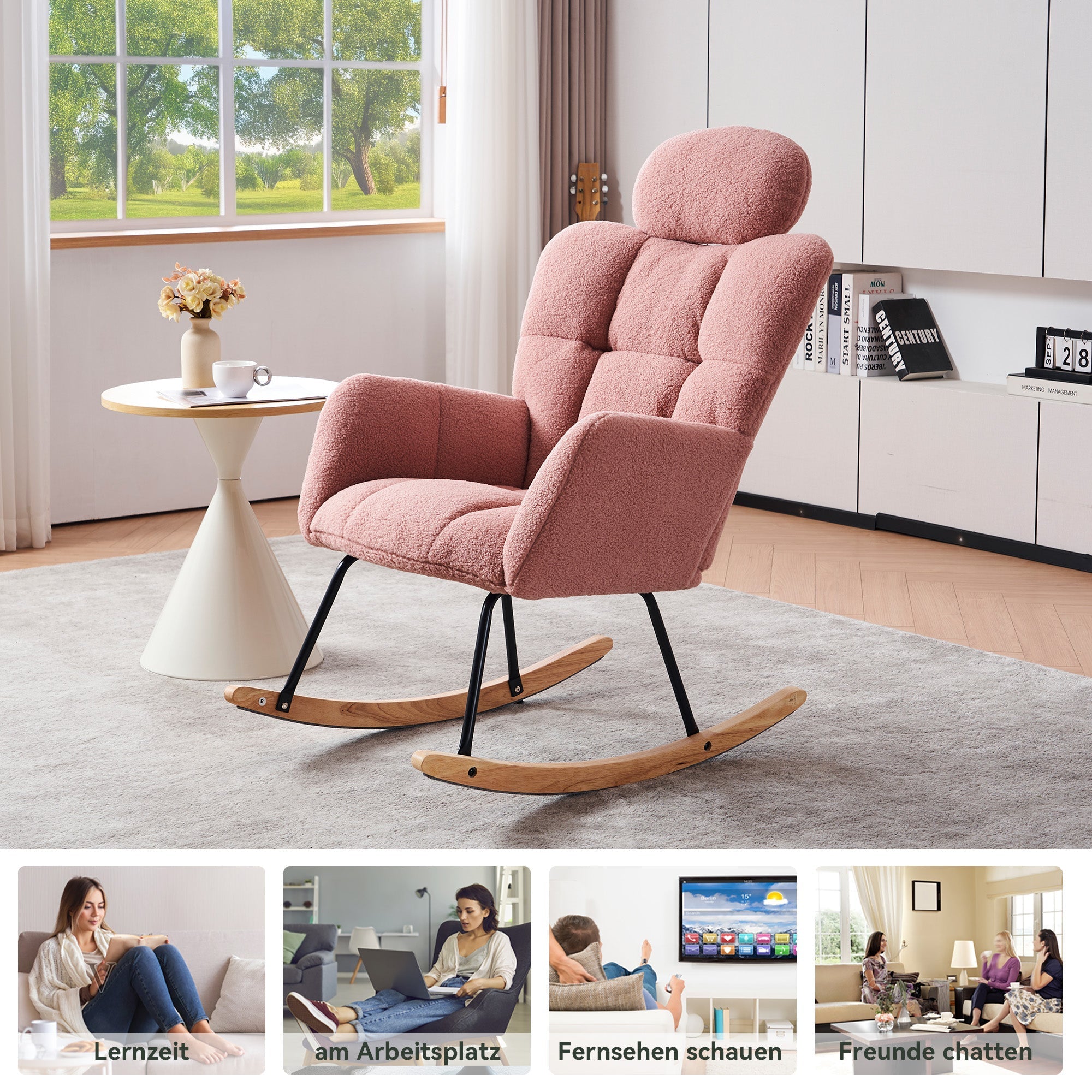 Rocking Chair 055, Tufted Upholstered, Pink Teddy Fabric