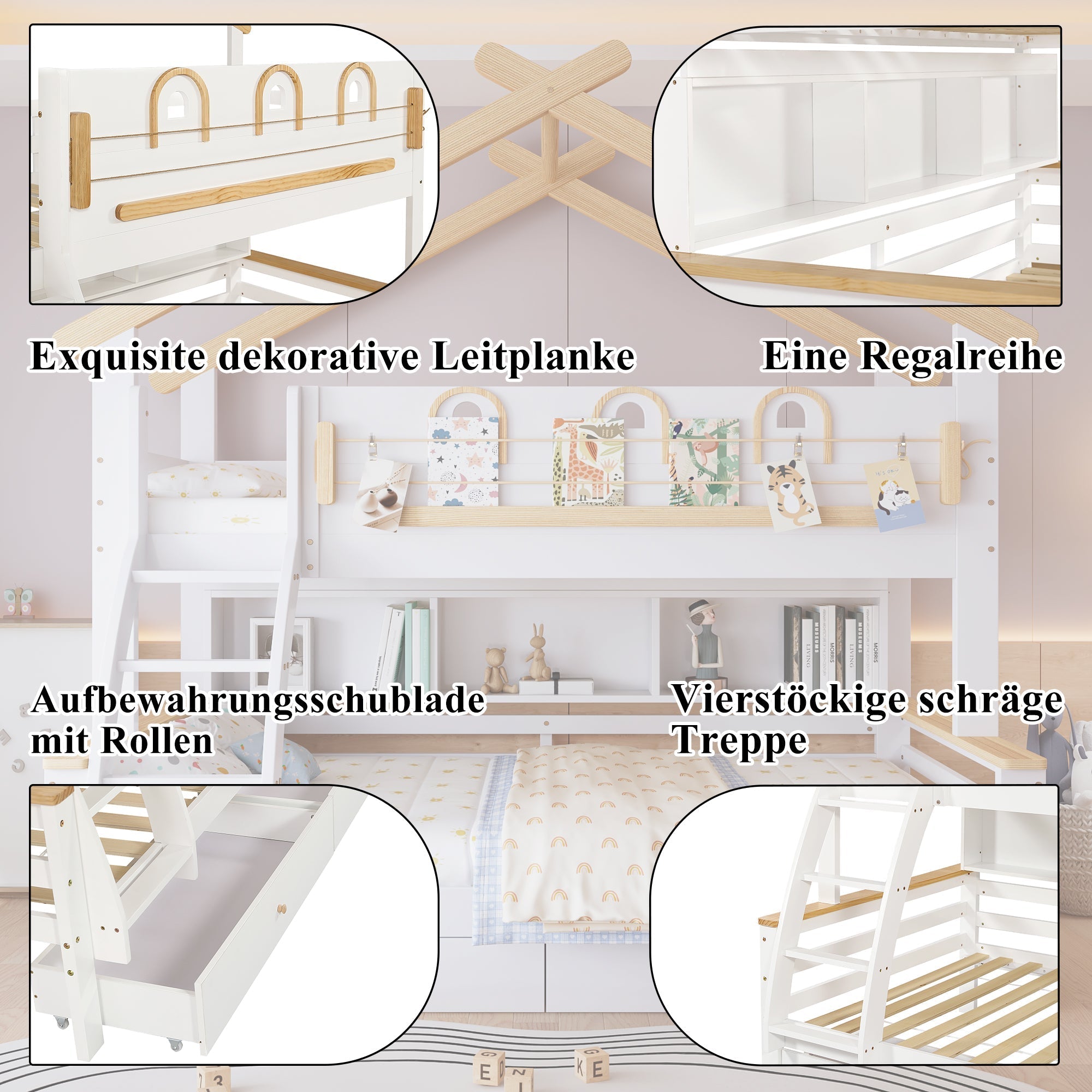 Bunk Bed Children's, Drawers Roof Slanted Staircase 90x200cm & 120x200cm, Pine + MDF White + Natural