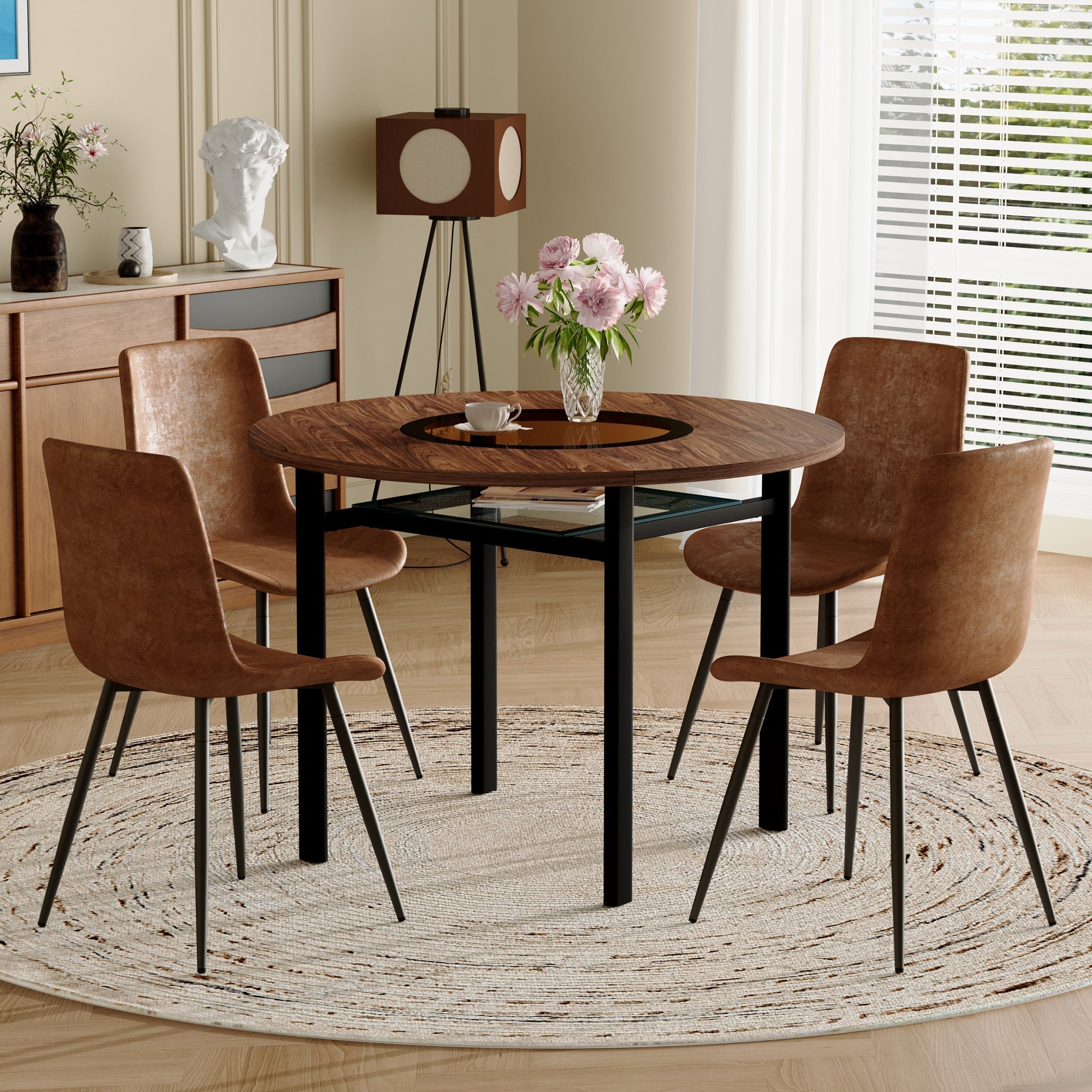 Round Table Set, Modern Minimalist 100cm with Storage, 4 Armchairs, Brown Wood Look/Brown Fabric