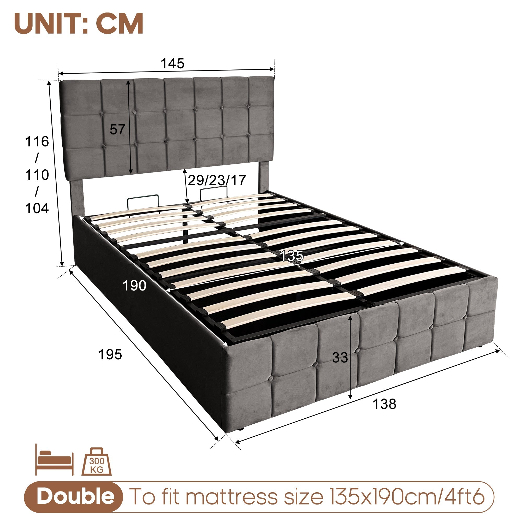 4ft6 Double Upholstered Storage Bed Frame, Velvet Ottoman Bed with Hydraulic Storage, Adjustable Button Tufted Headboard, Grey