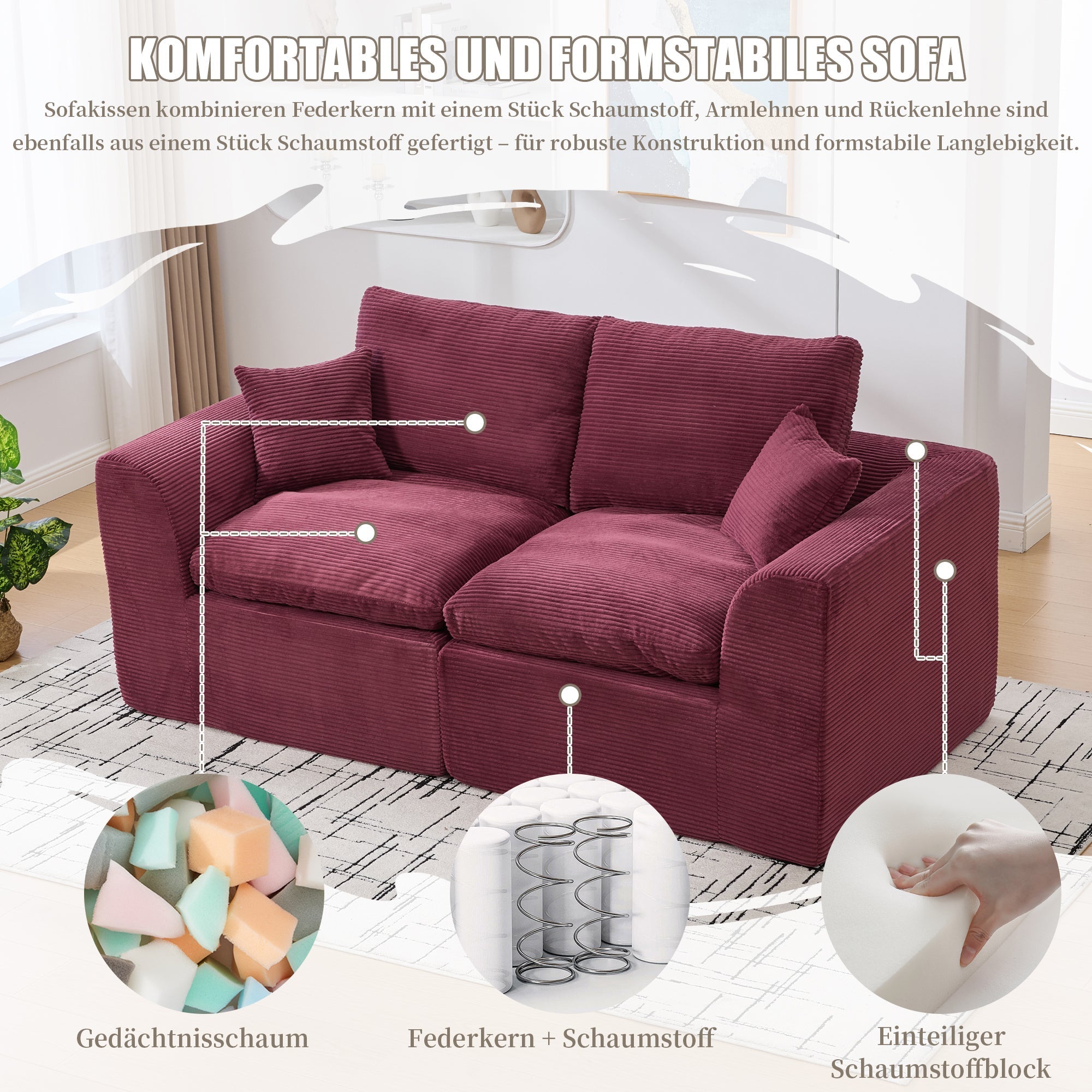 Two-seater Sofa Modern Minimalist Nordic with Cushions - Fabric