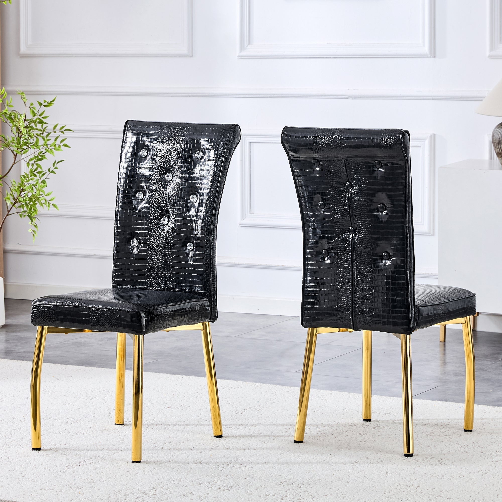 Dining Chairs Set of 2 Retro Upholstered Alligator-Skin Crystal Buckle Gold Legs Faux Leather