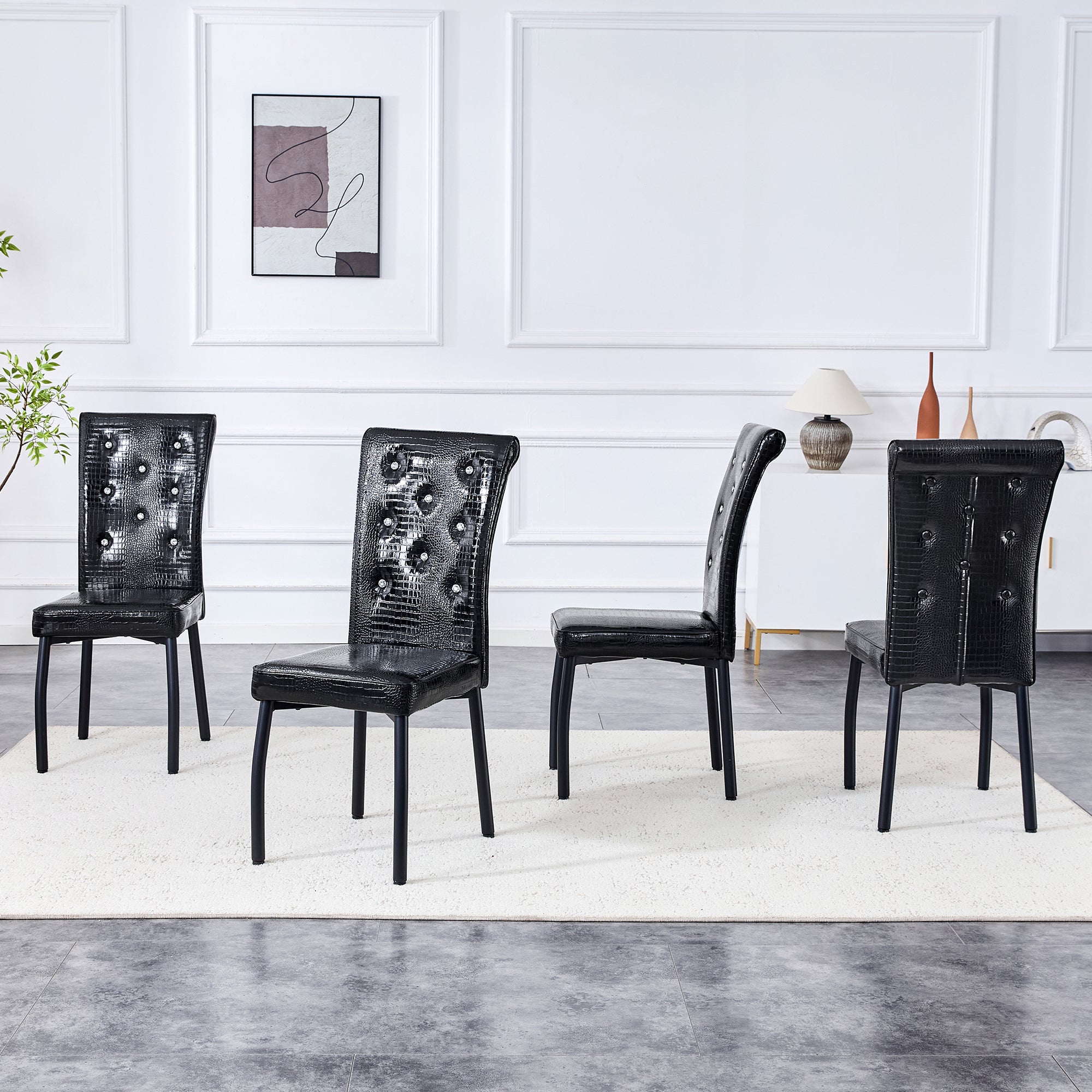 2 Dining Chairs Vintage Crocodile Faux Leather Crystal Clasp - Black