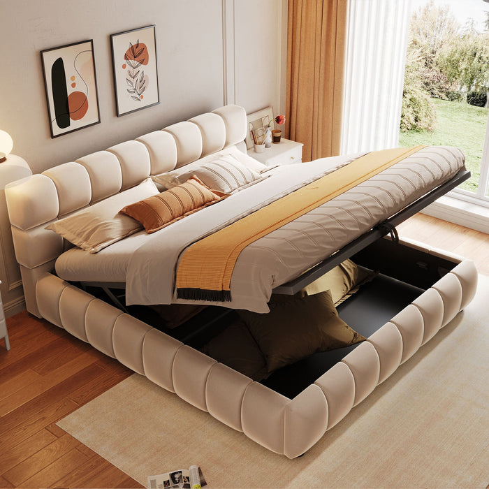 Upholstered Bed 140x200cm Hydraulic Storage, Velvet Beige