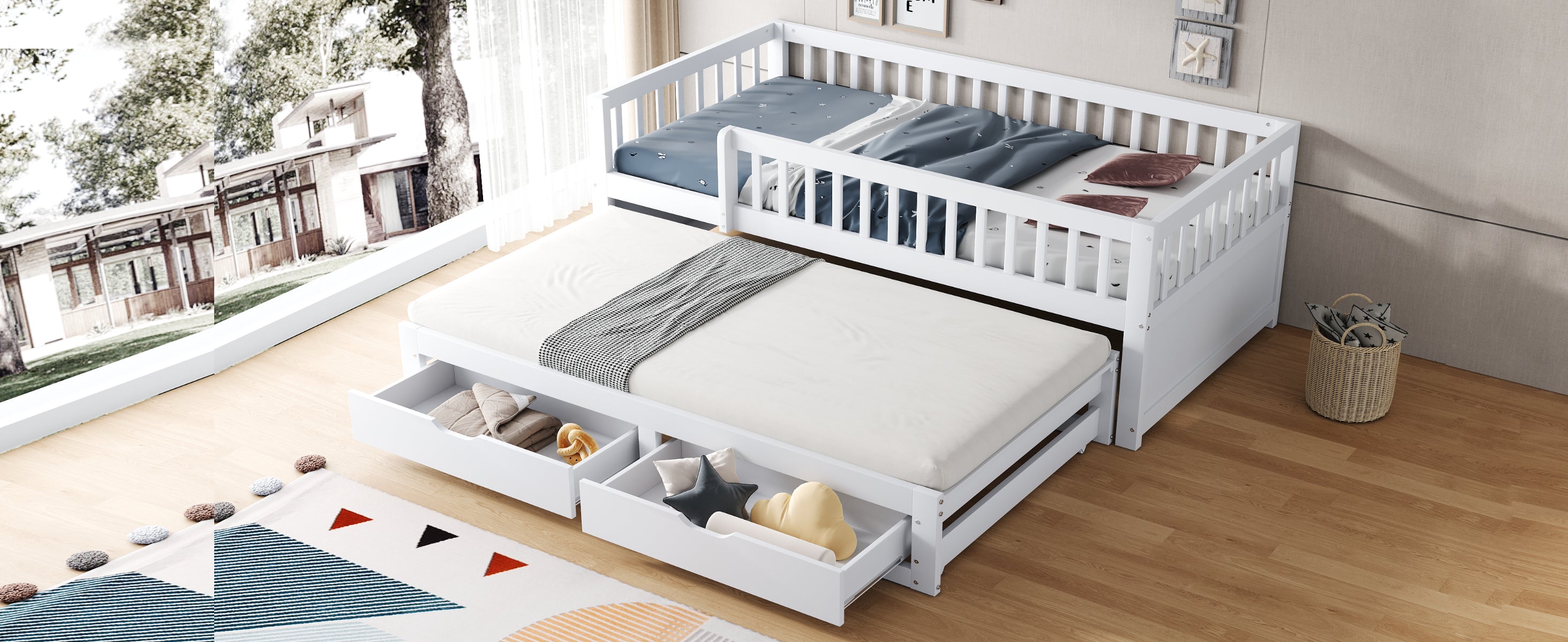 Solid Wood Sofa Bed, Pull-Out 90x200cm Safety Rail Storage, White