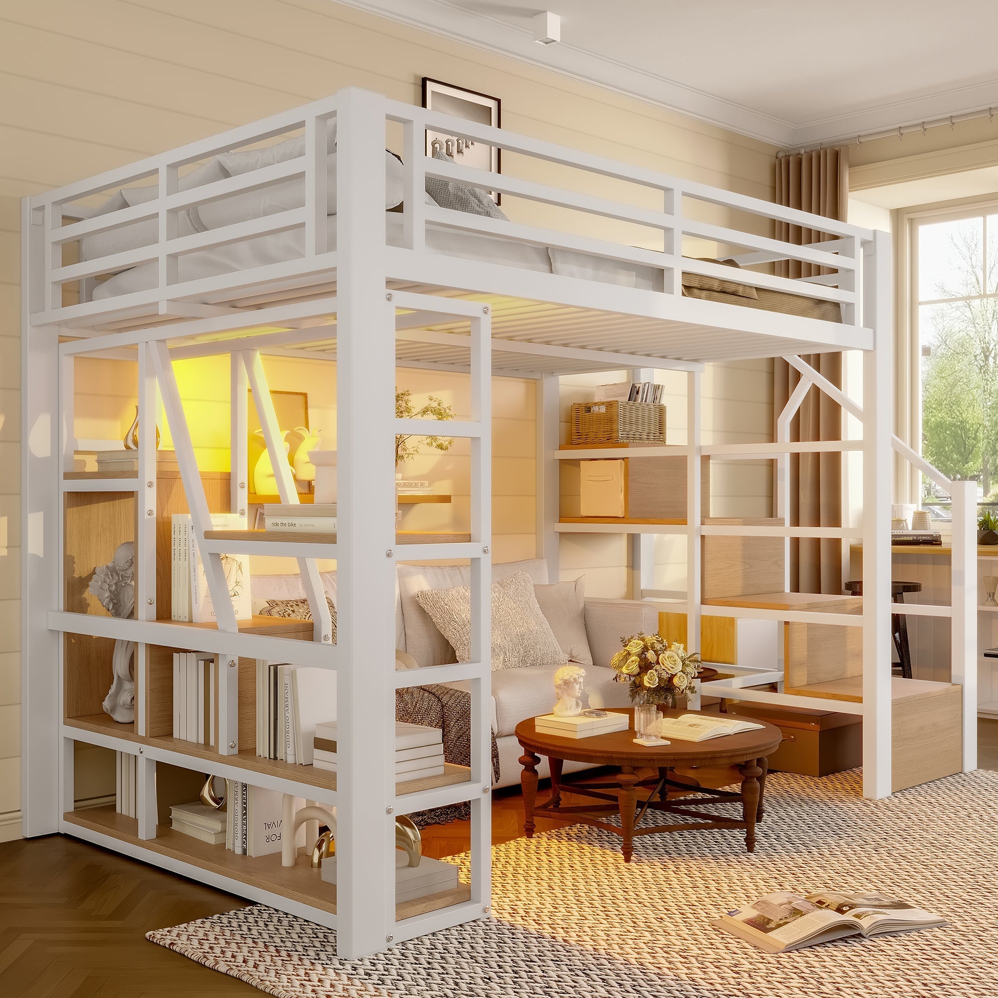 Loft Bed with LED, Storage Compartment and Integrated Steps, 140x200cm, White Iron Frame