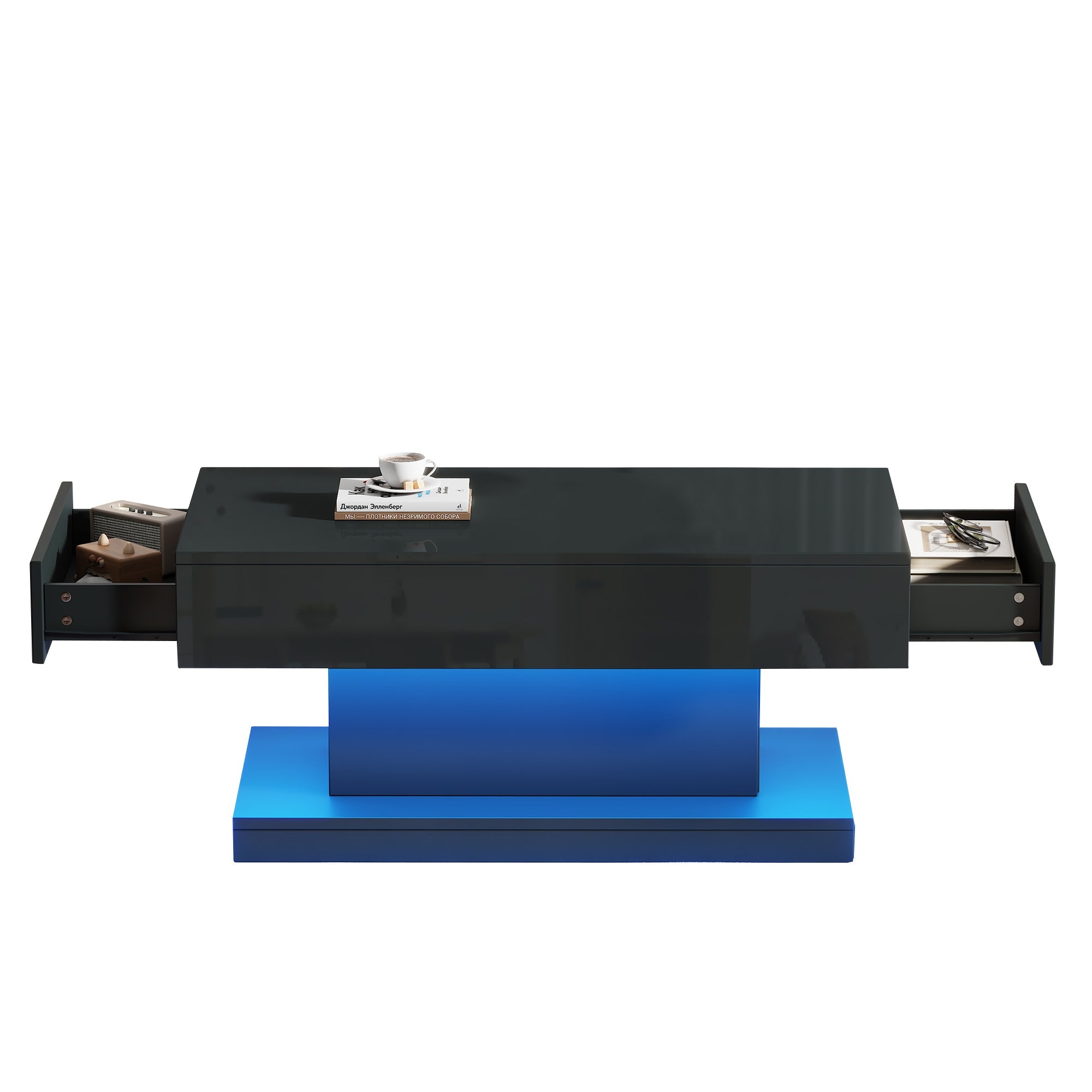 Coffee Table 100x50x45cm, 2 Drawers, LED Light, High-Gloss Black