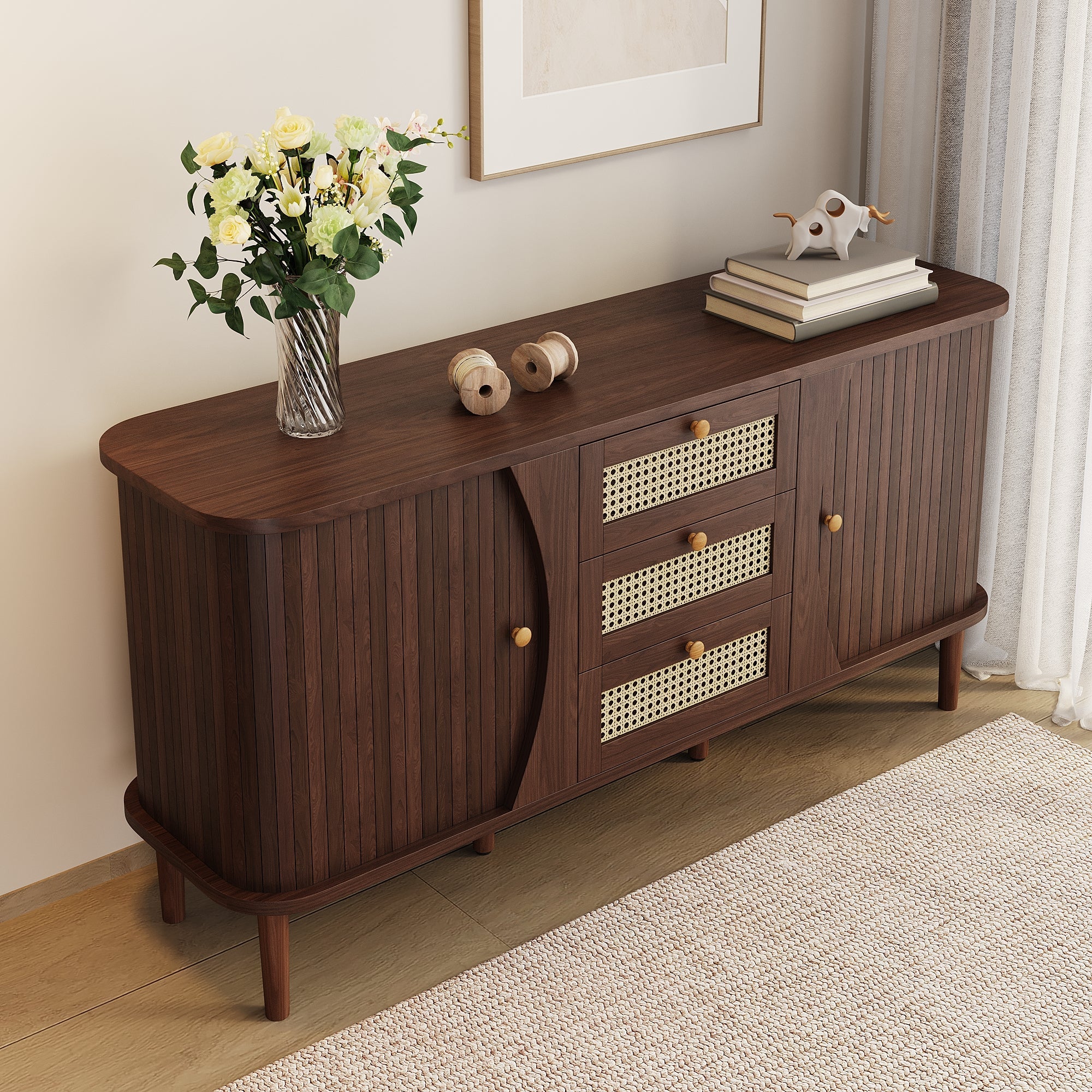 Sideboard, Rattan Drawers with Sliding Doors & Adjustable Shelves, Wood Color