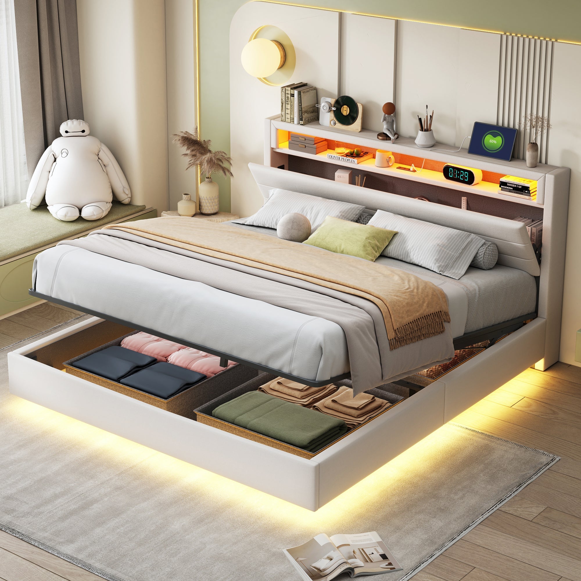 Upholstered Bed, Hydraulic Floating with Storage, USB & LED, Reversible Headboard, Linen Beige