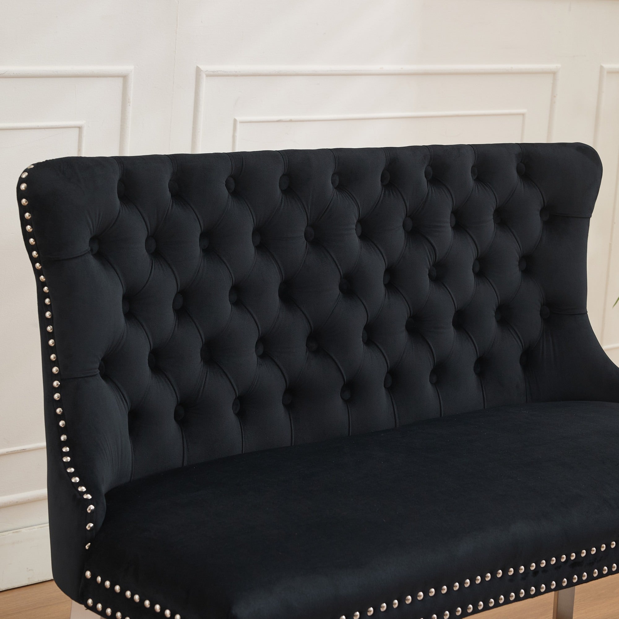 Velvet Double Dining Loveseat Bench, 2-Seat Tufted Wing Back with Brushed Silver Legs, Black Velvet