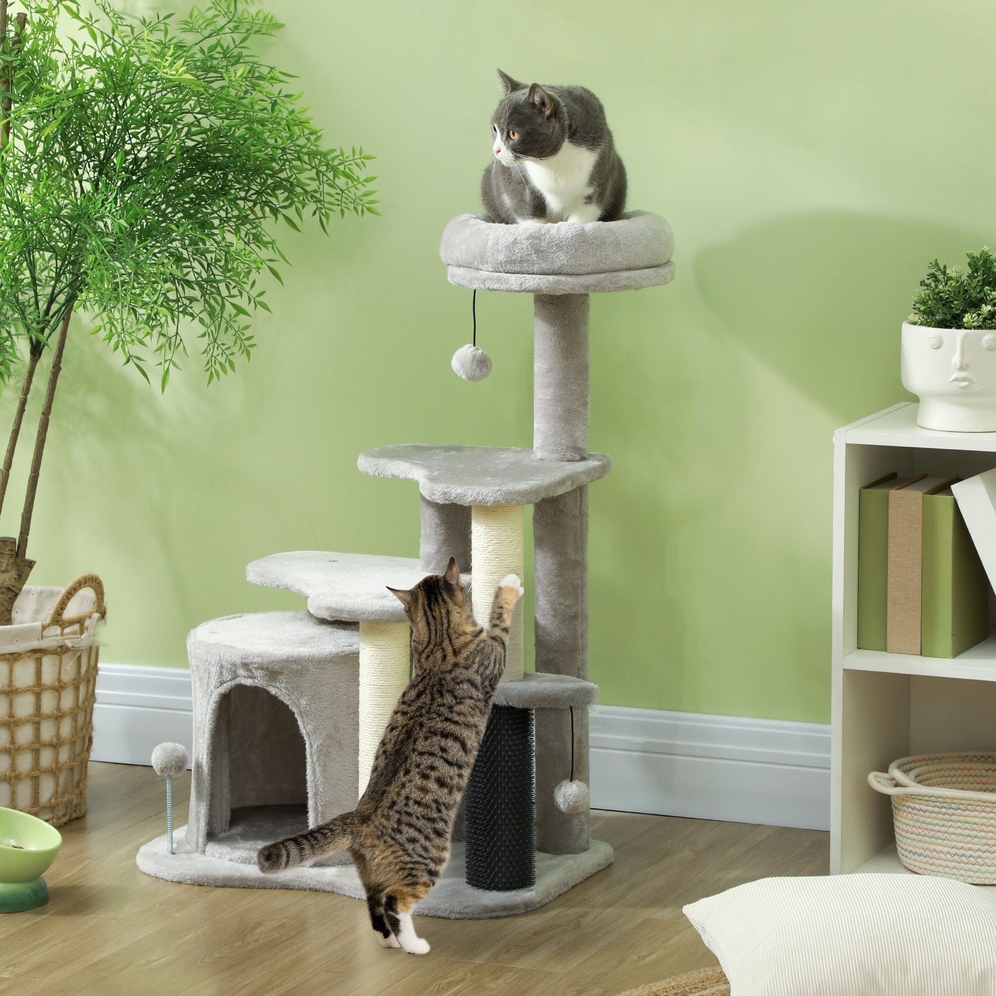 Cat Tree 87 cm, Cave Bed Scratching Post, Light Grey