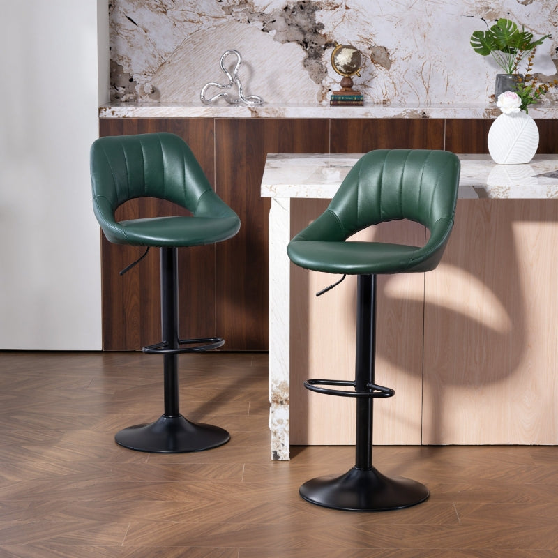 Set of Two Bar Stools Adjustable Height 360° Swivel Faux Leather Dark Green