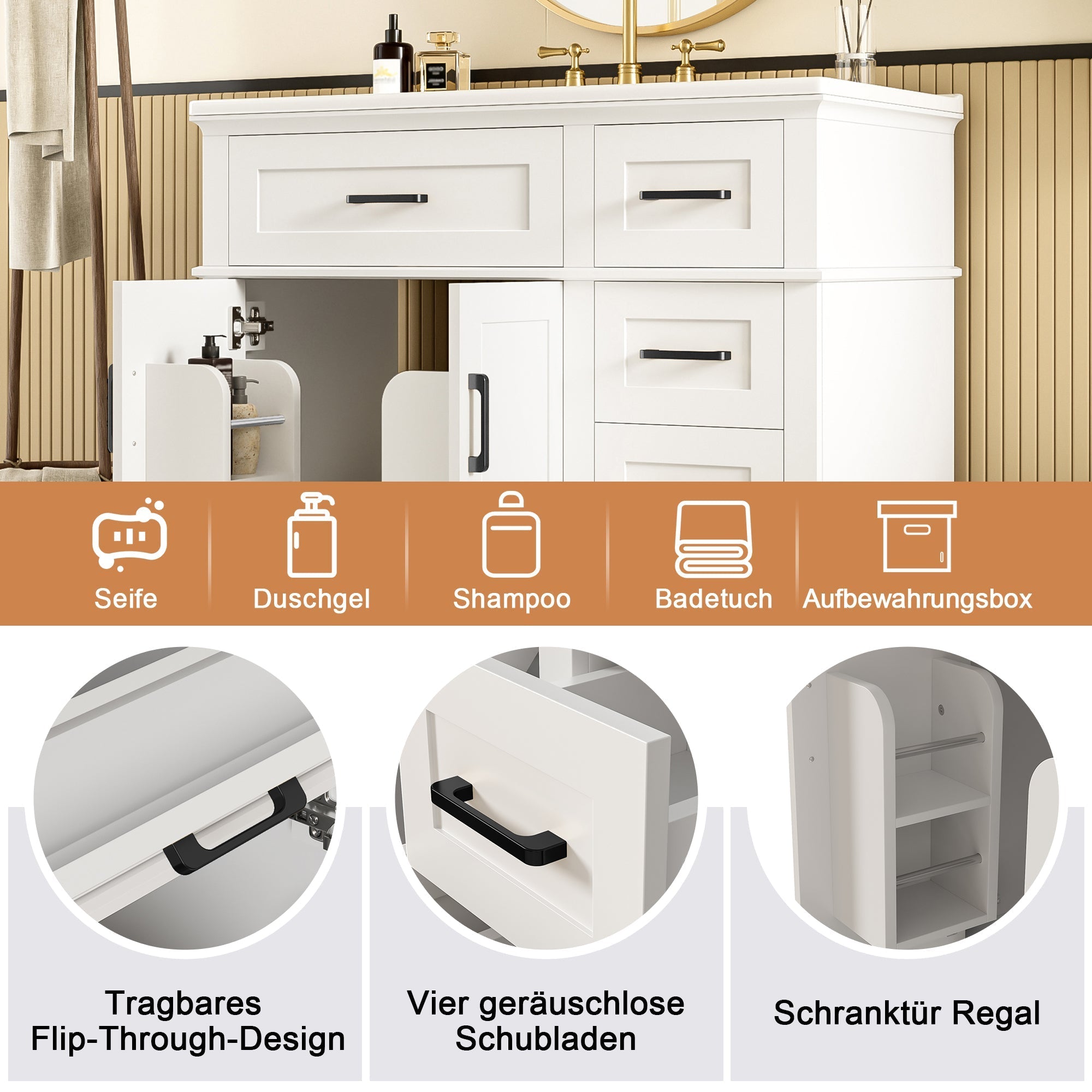 Bathroom Vanity Unit with Ceramic Sink and Soft-Close Drawers, White and Black
