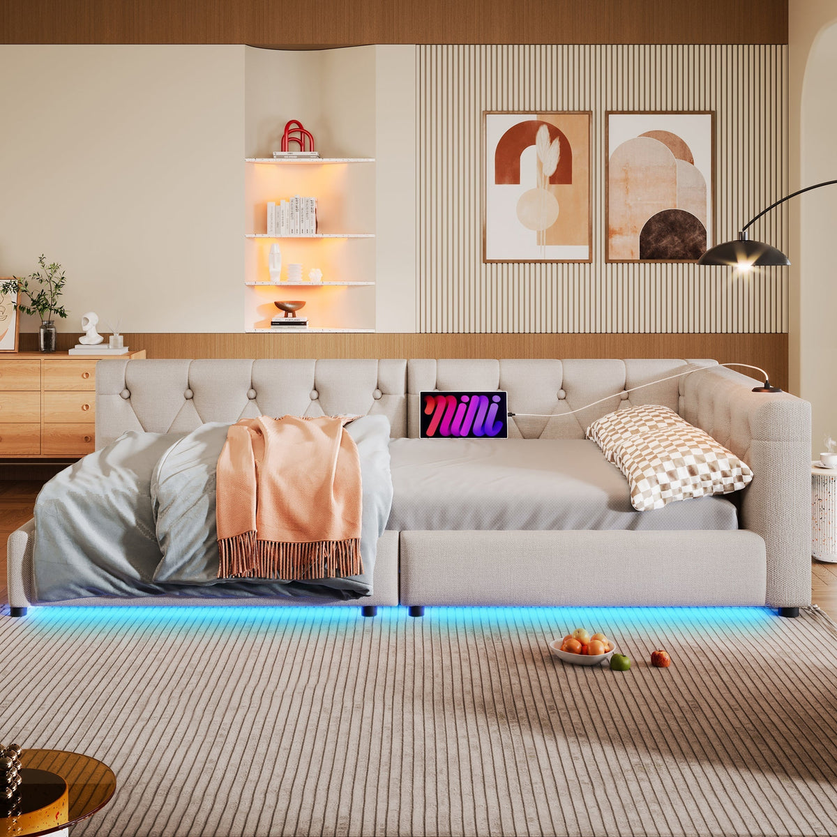 Daybed Sofa Bed 90x200cm LED Light USB/Type-C Button Tufting - Linen Beige
