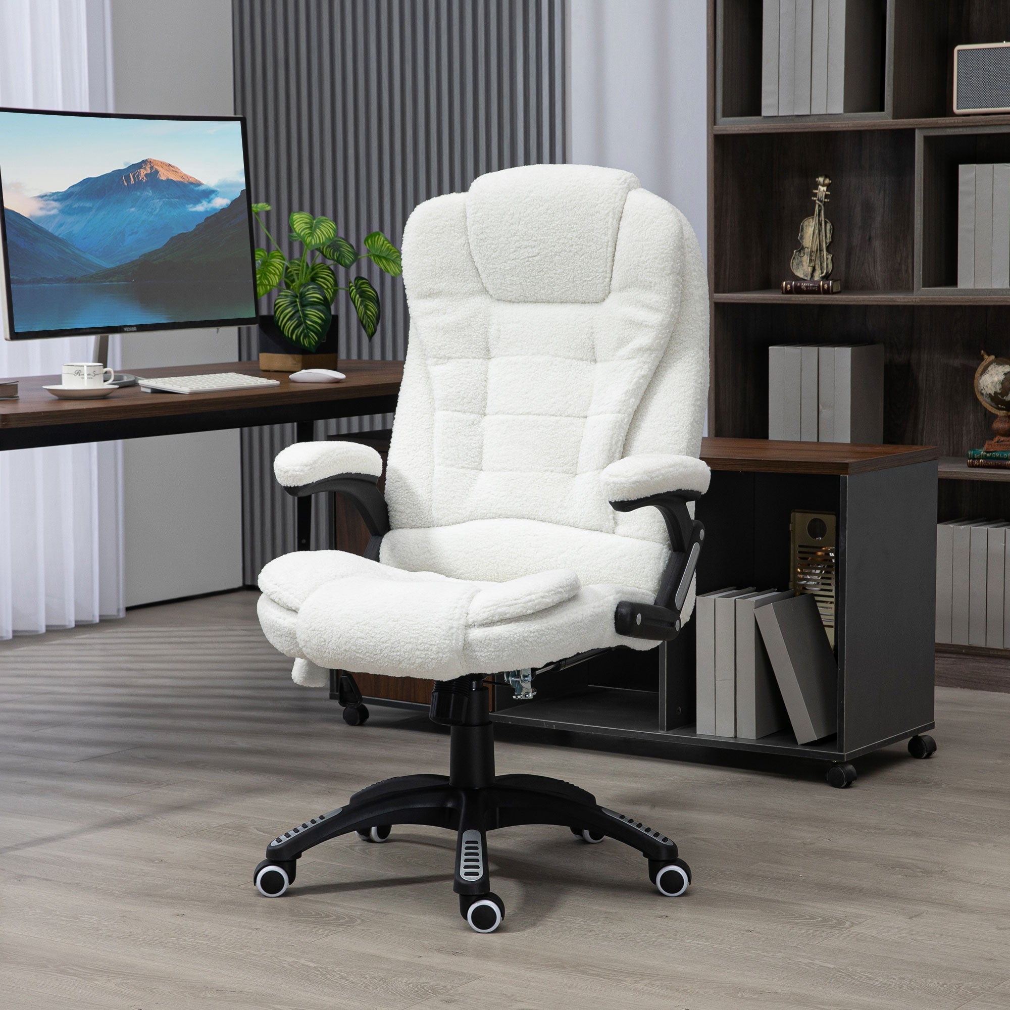 Massage Office Chair, Height Adjustable Rocking Heating Reclining Footrest, Teddy Velvet White