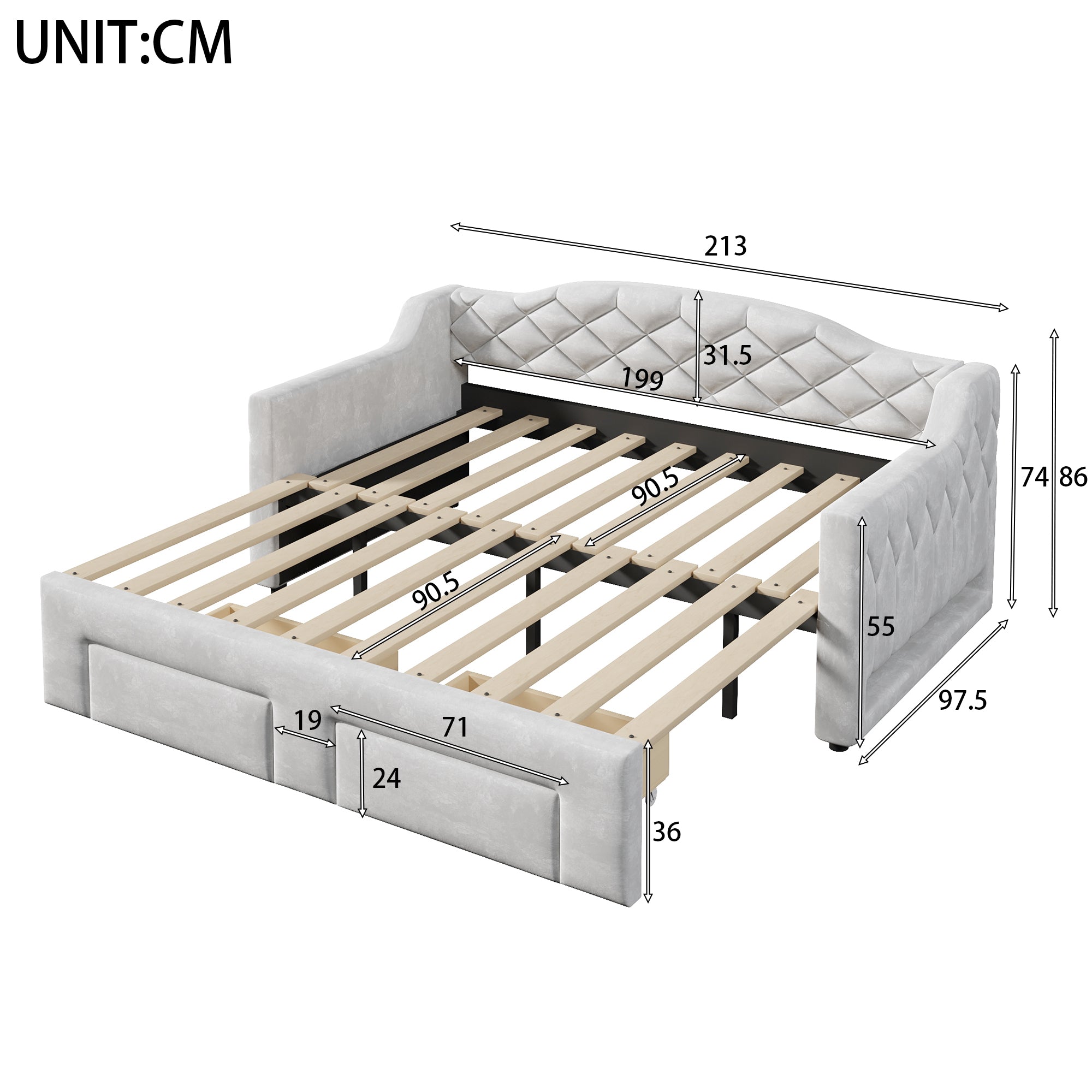 Upholstered Daybed with Two Drawers and LED Lighting, 90x200 to 180x200cm, Grey