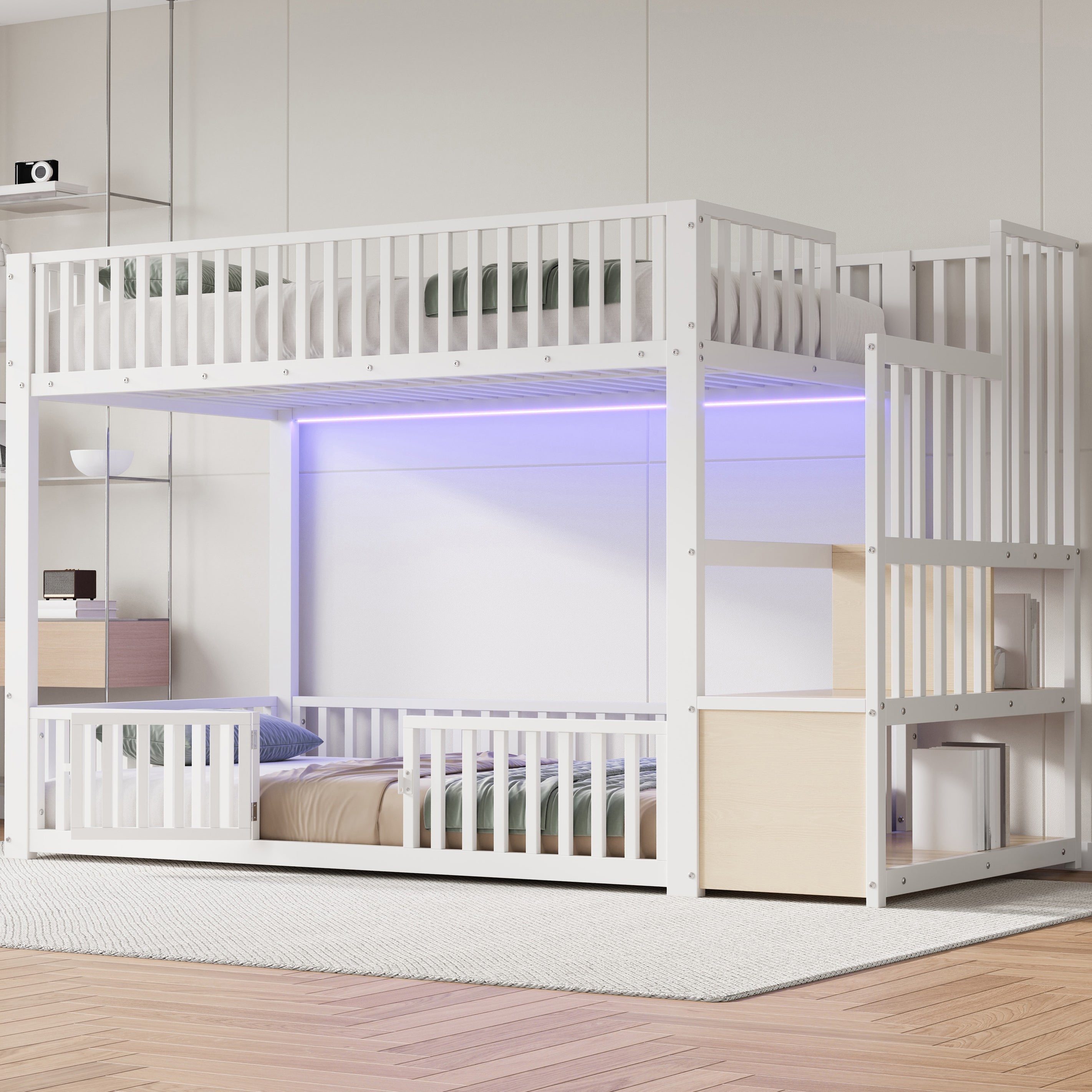 Bunk Bed with Storage Ladder and LED, 90x200cm, White