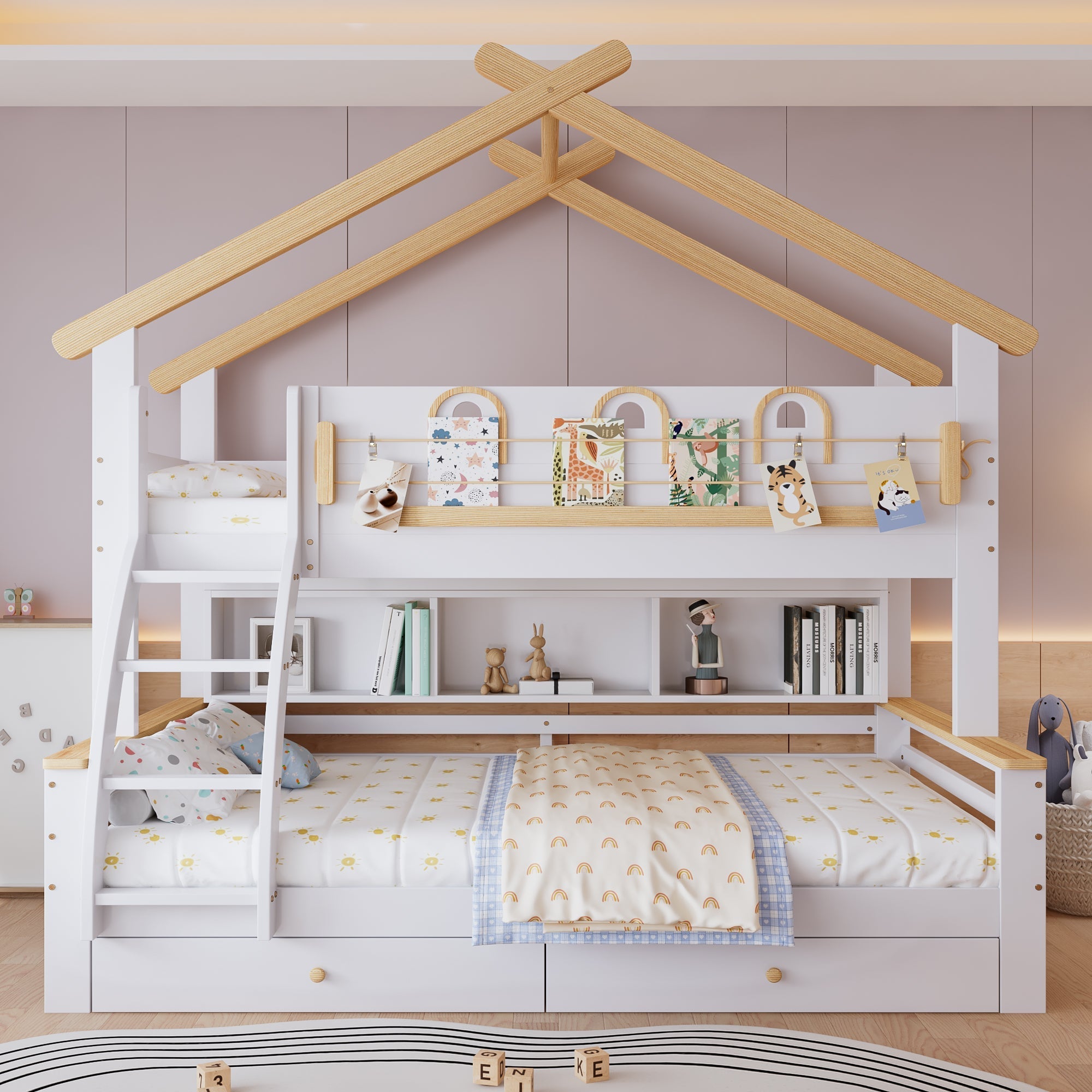 Bunk Bed Children's, Drawers Roof Slanted Staircase 90x200cm & 120x200cm, Pine + MDF White + Natural