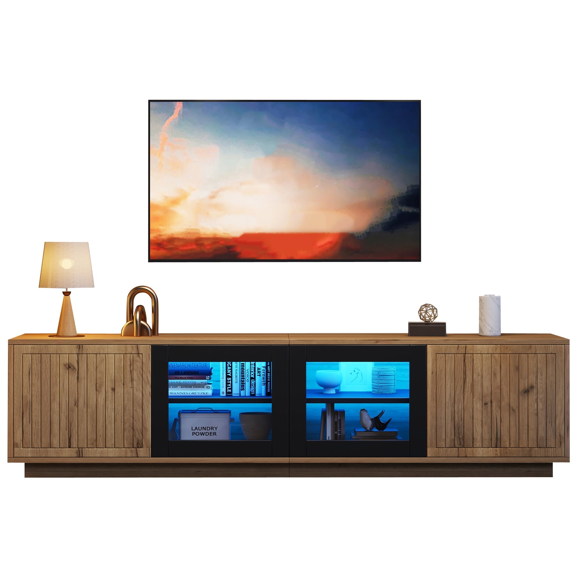 TV Cabinet 180cm for 75 Inch TV, LED Light Strip, Natural Wood & Black Glass