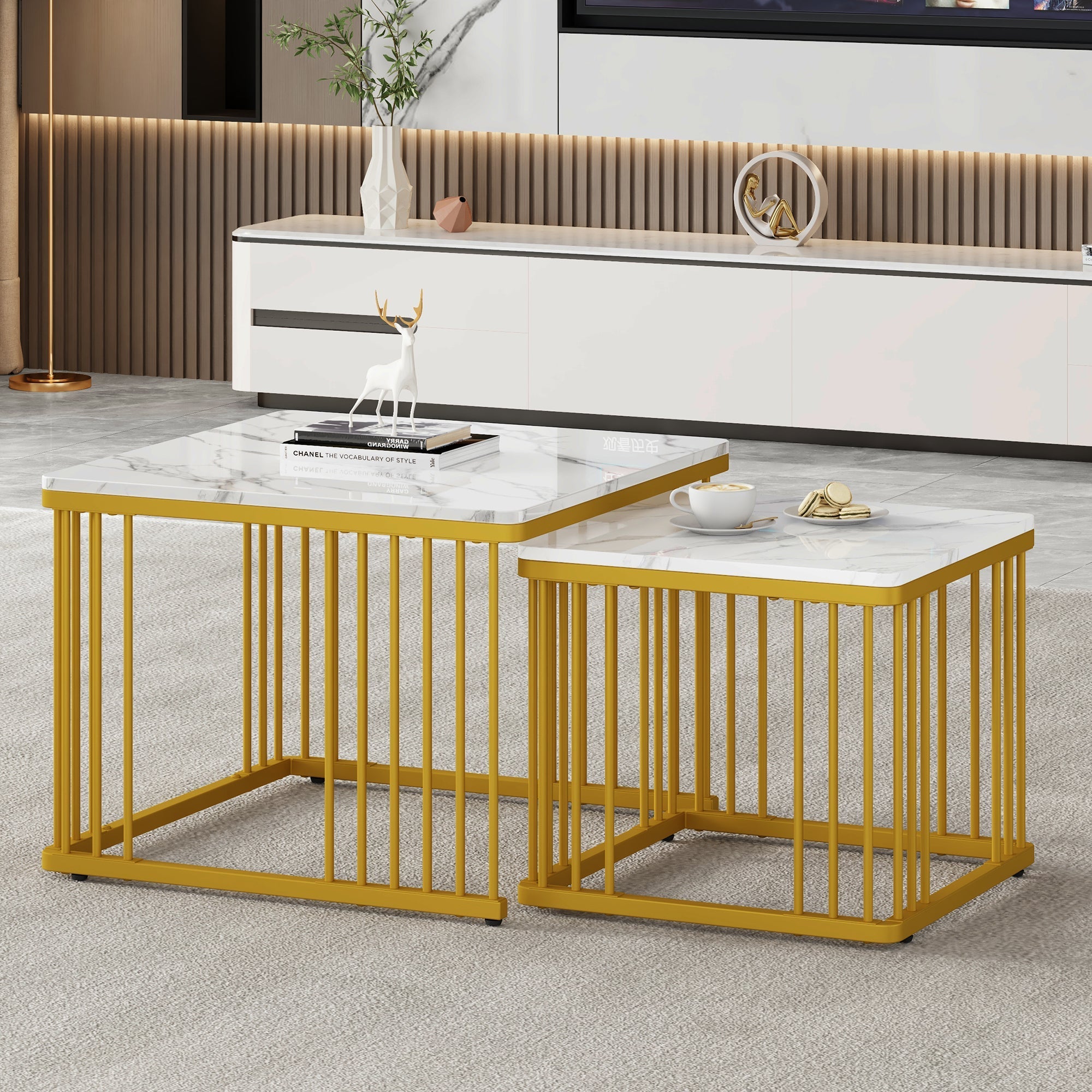 Nesting Coffee Tables Set of 2 Square Marble-Effect High-Gloss - Gold Legs