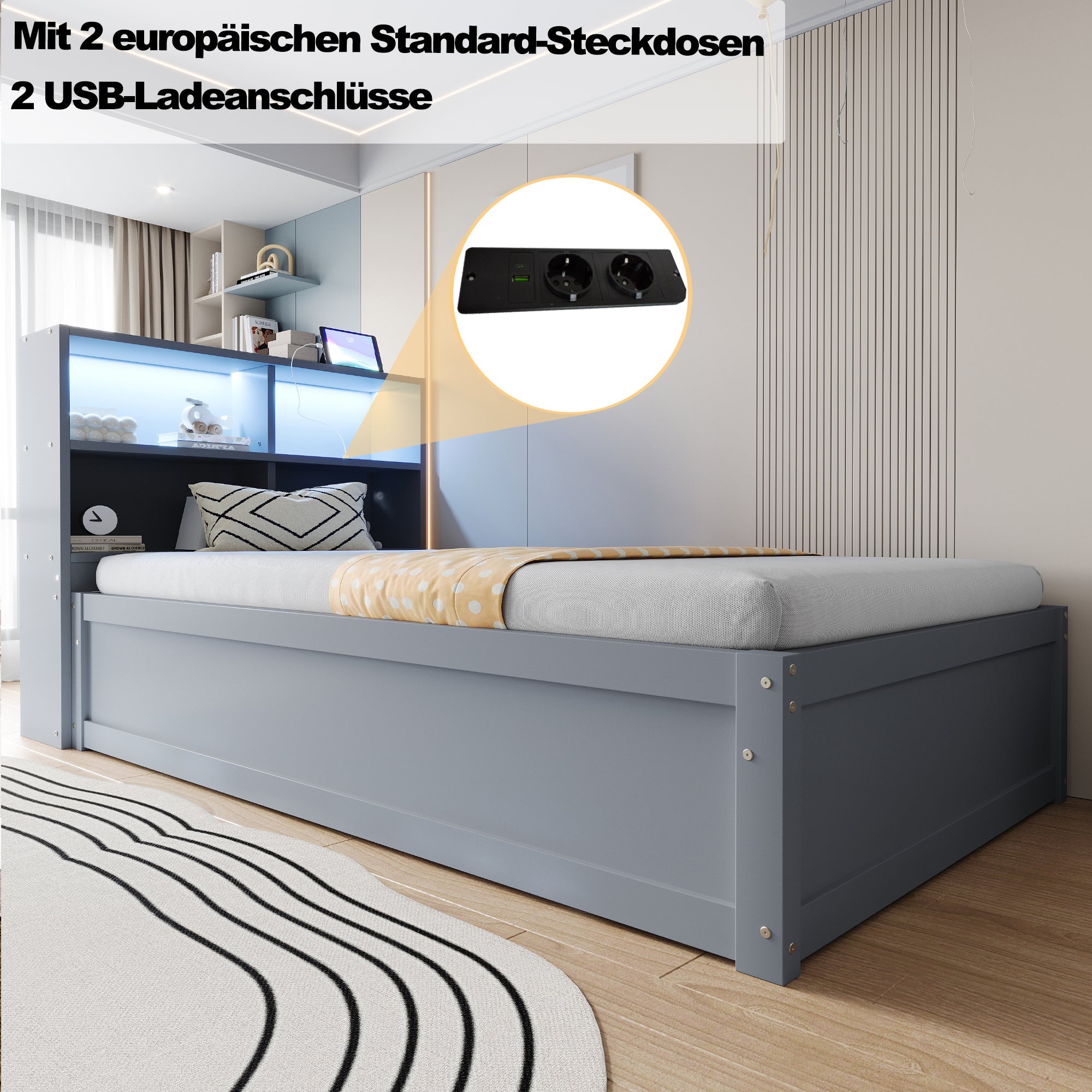 Sofa Bed 90*200, Hydraulic with Storage & Light Bar, Solid Wood, Gray