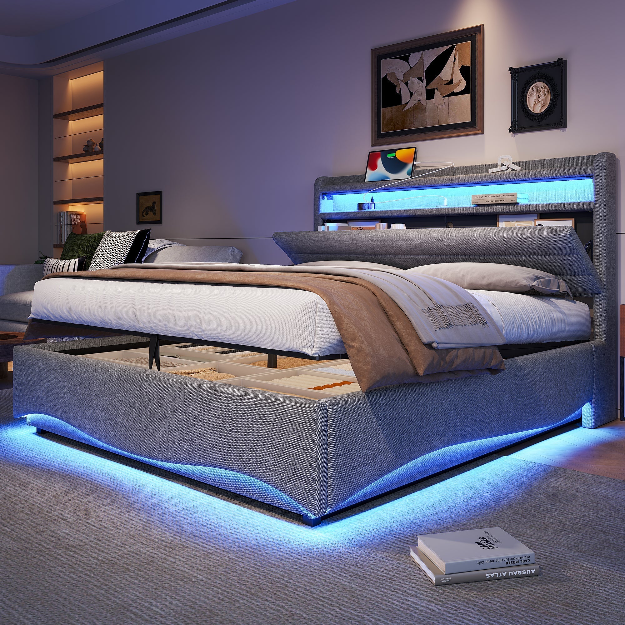 Upholstered Bed with LED Lighting, Hydraulic Storage and USB Ports, Grey Linen Fabric