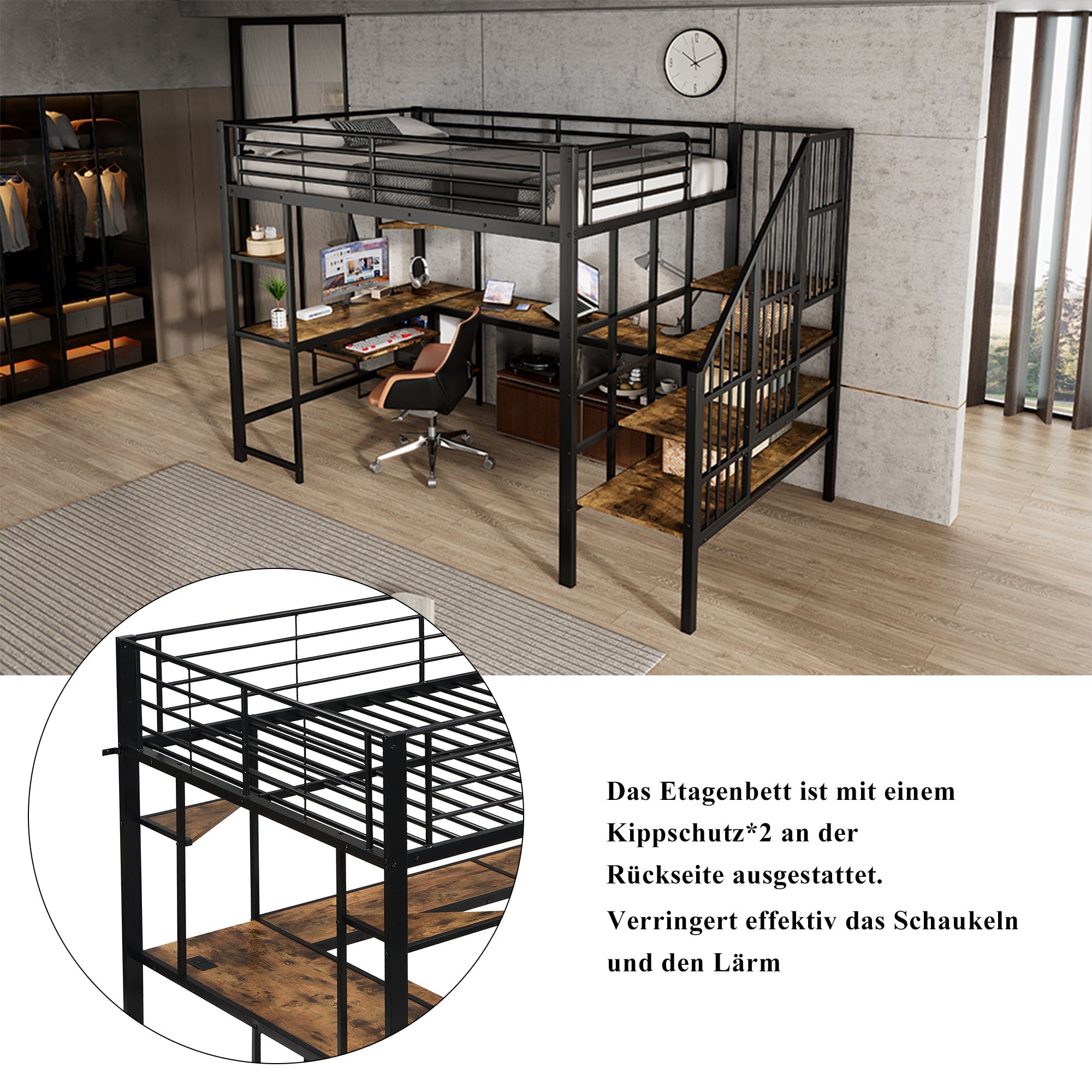Iron Loft Bed, Charging Port Corner Stairs Desk Storage 120x200cm, Black Iron + MDF