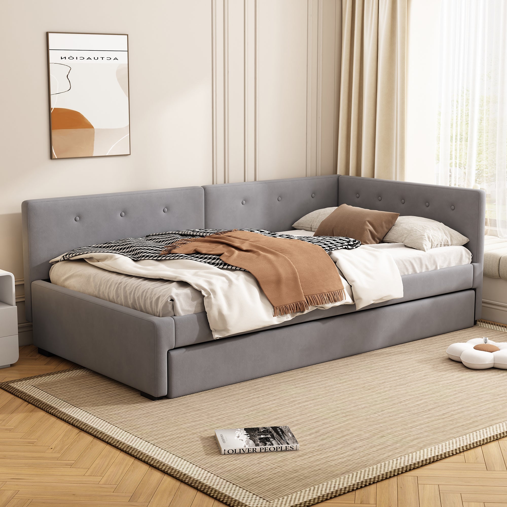 Daybed with Rollaway Bed, 90x200cm Single Sofa Bed and Lattenrost, Grey Velvet