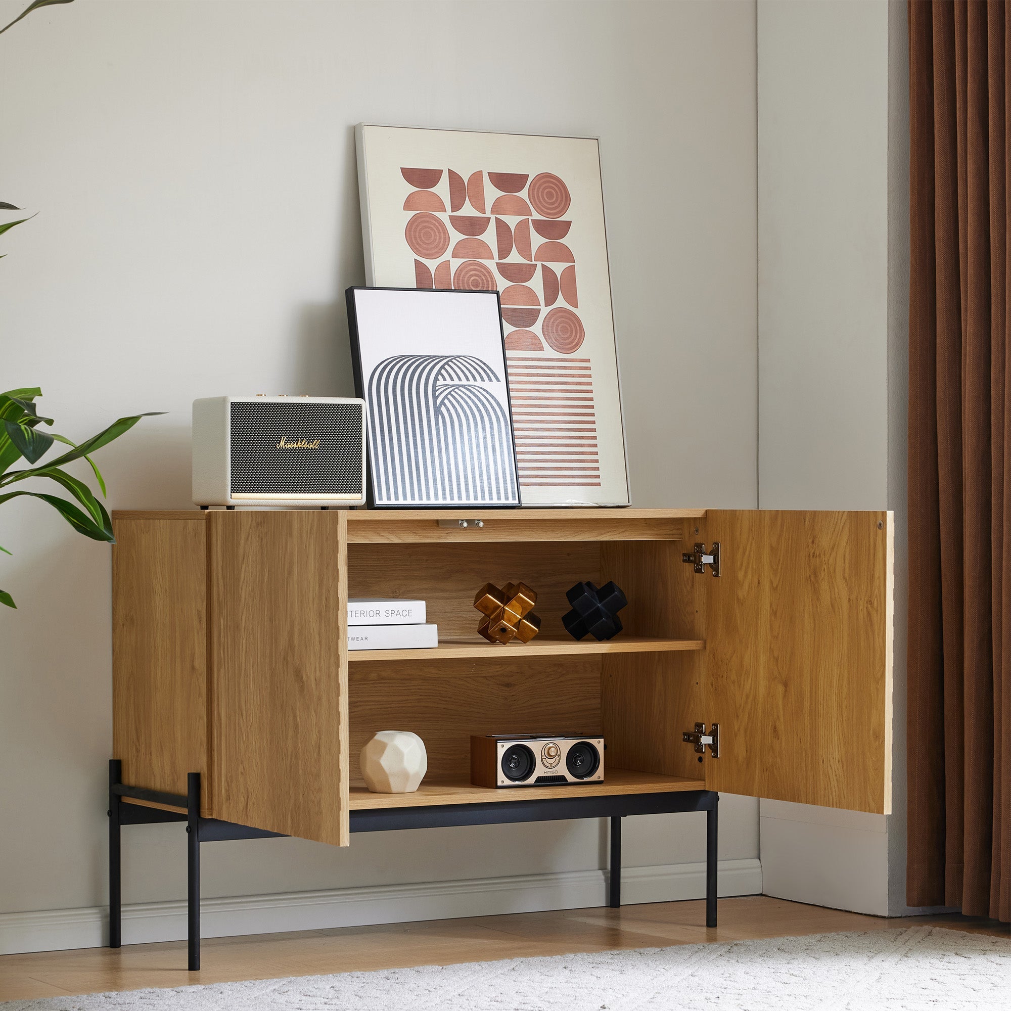 Sideboard with 2 doors and metal legs, linear design, 75x100x40 cm, aluminum