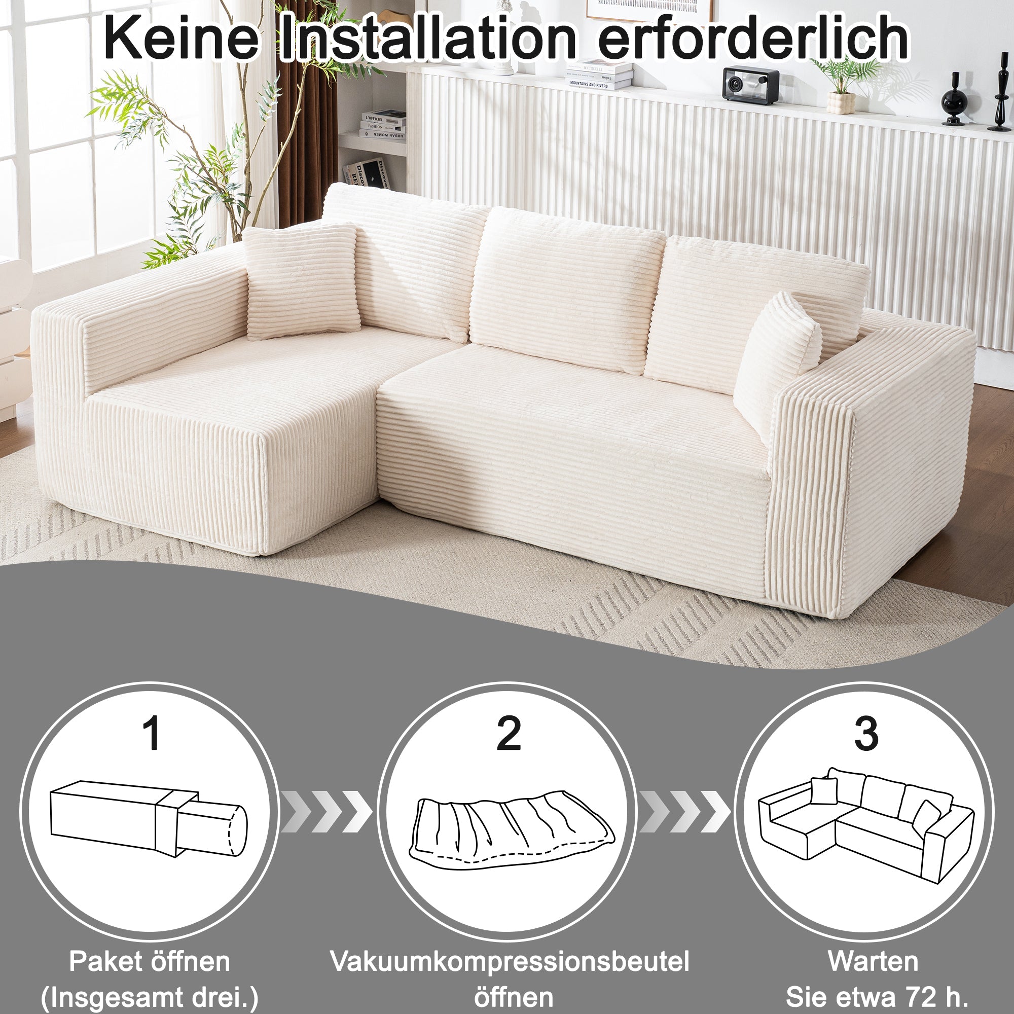 L-Shaped Cloud Sofa, Modern Modular Chaise Lounge, No Assembly, Core Fabric